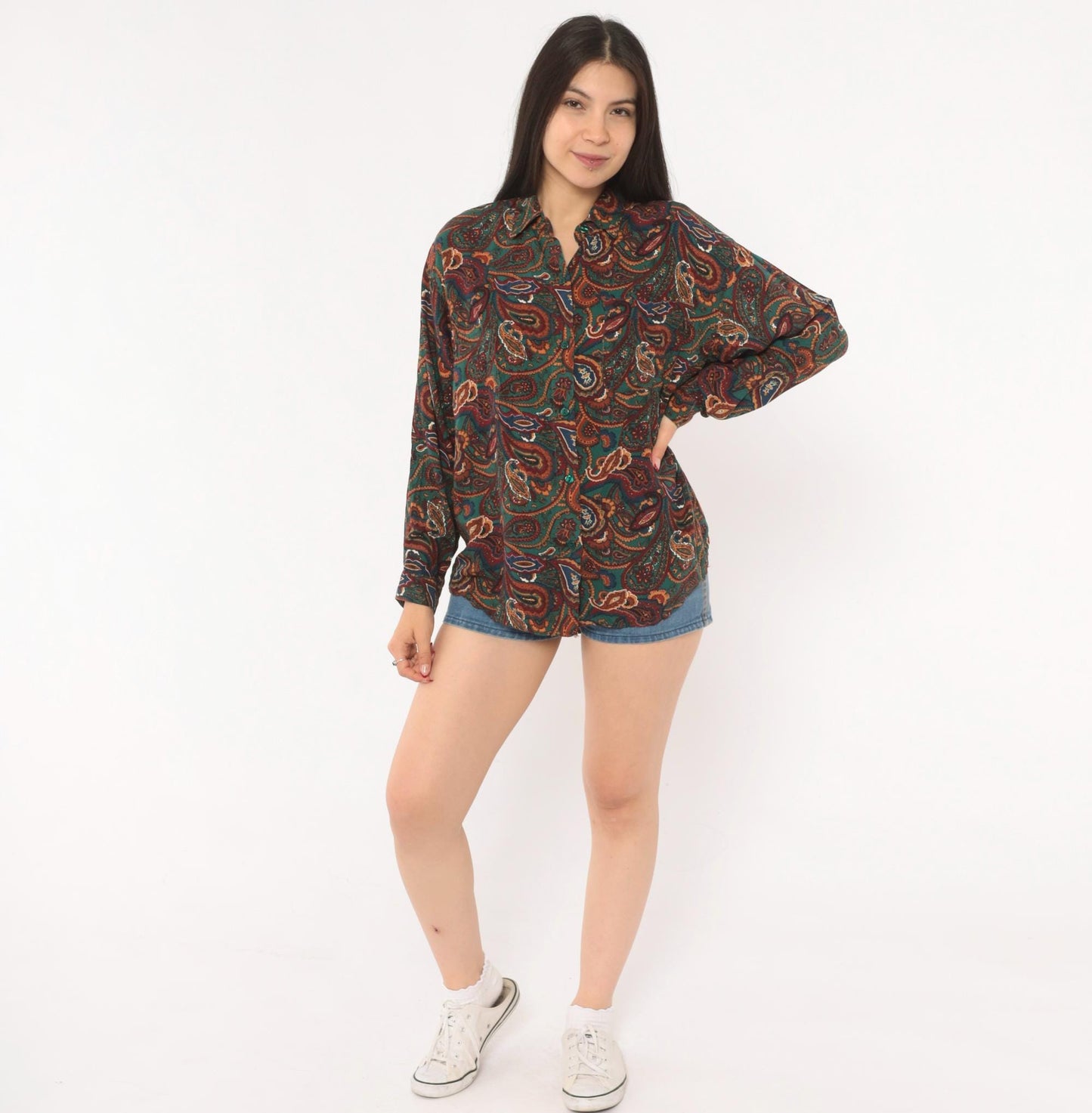 90s Basic Editions Paisley Button Up Shirt Teal Burgundy Small S