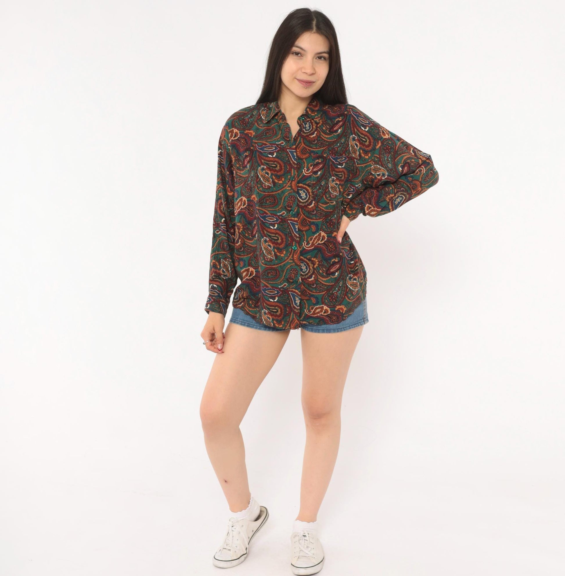 90s Basic Editions Paisley Button Up Shirt Teal Burgundy Small S