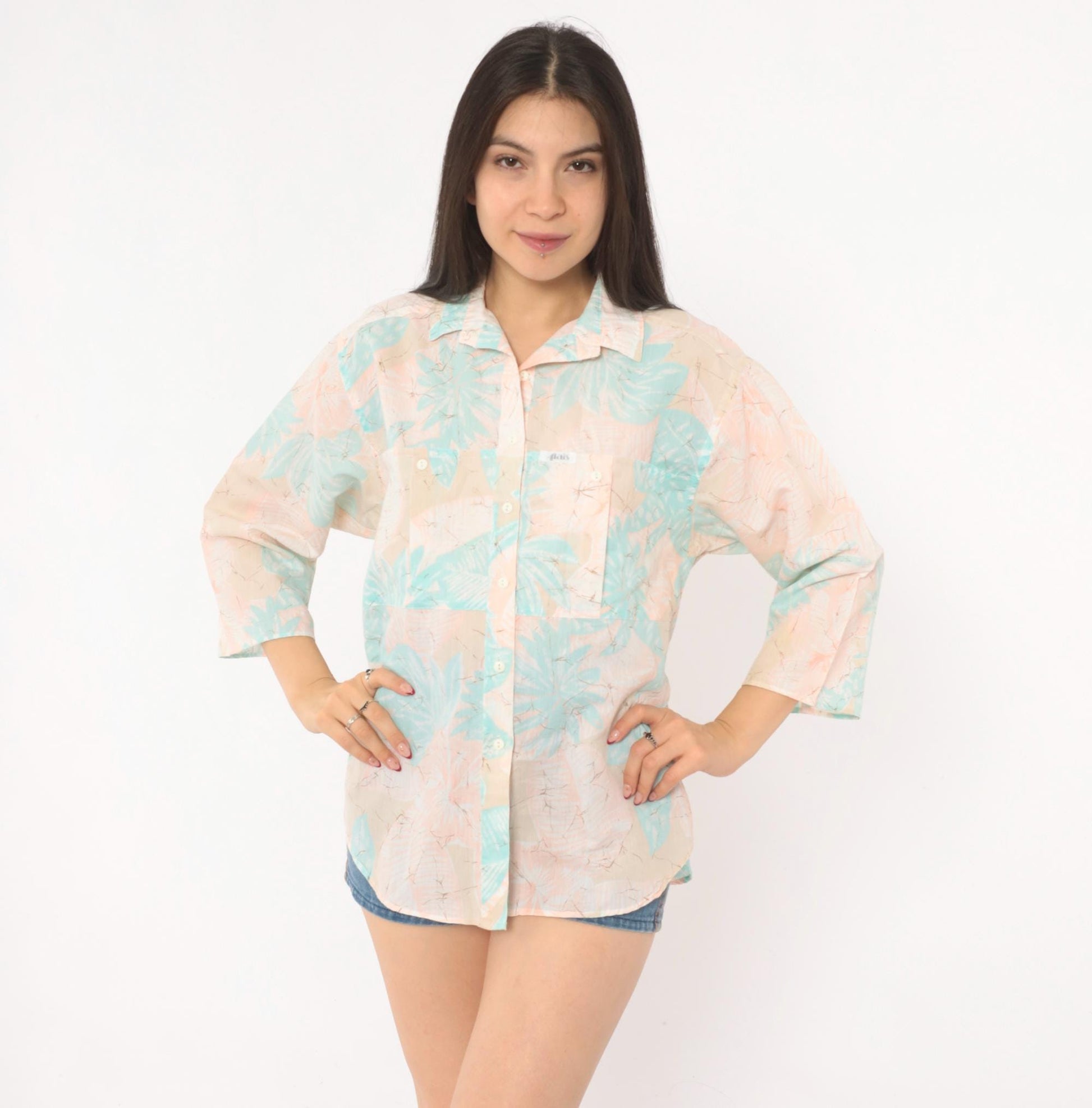 90s Alais Tropical Leaf Camp Collar Shirt Pastel Pink Mint Cotton Medium M