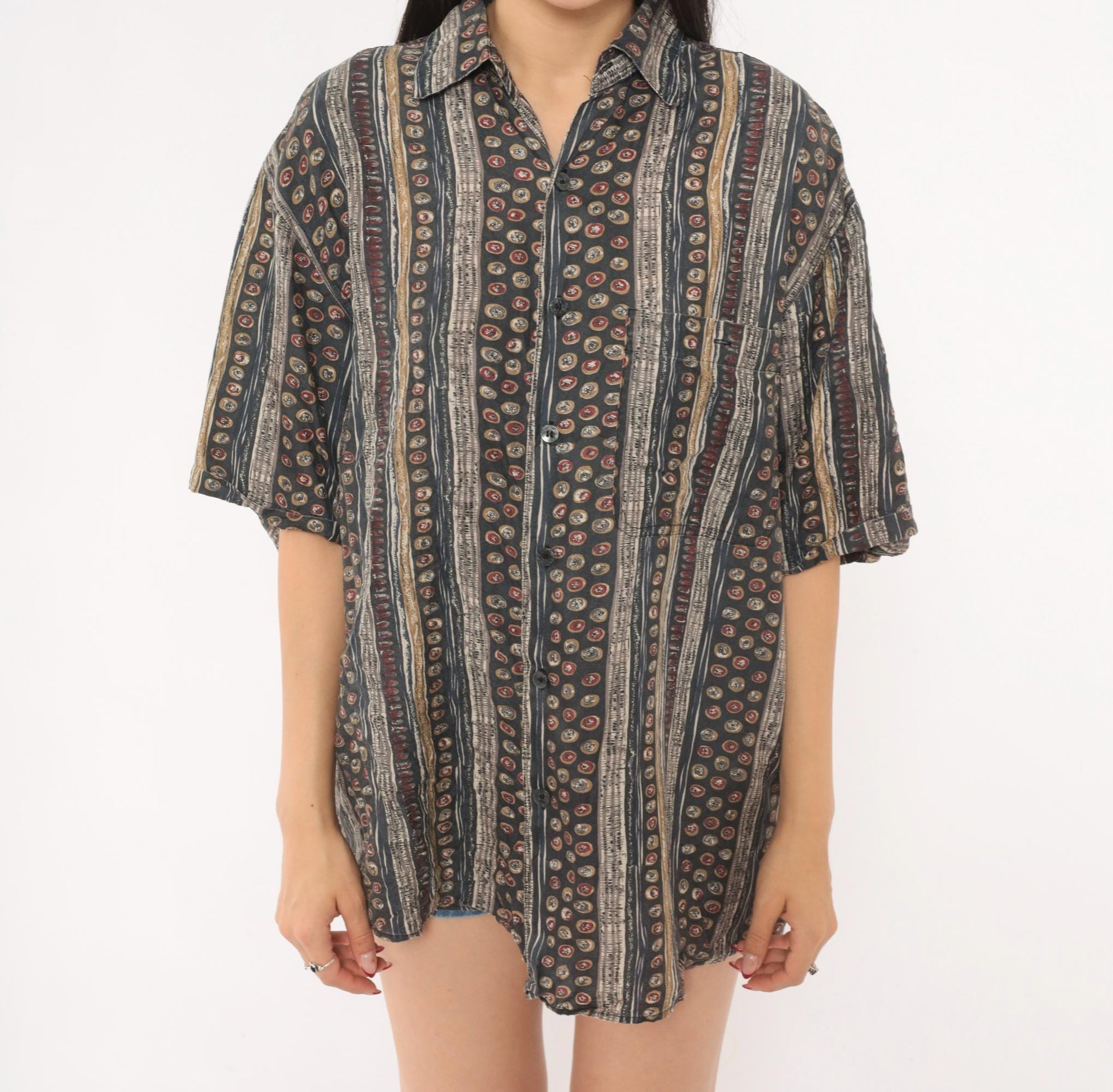 90s Summa Abstract Silk Shirt Grey Burgundy Stripe Camp Collar Small S
