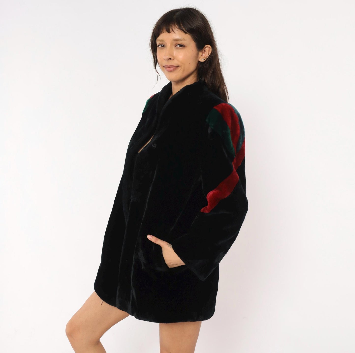 80s Sasson Faux Fur Coat Black Colorblock Stripe Stand Collar Medium M