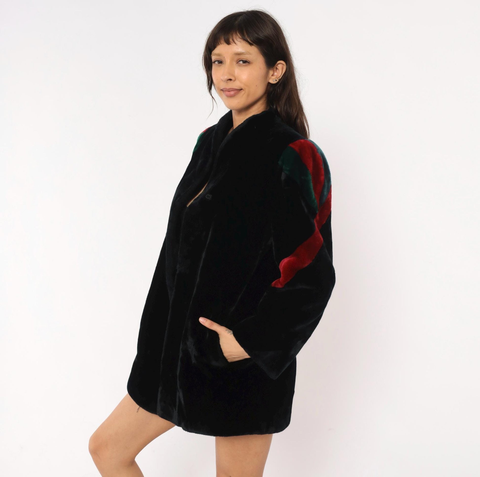 80s Sasson Faux Fur Coat Black Colorblock Stripe Stand Collar Medium M