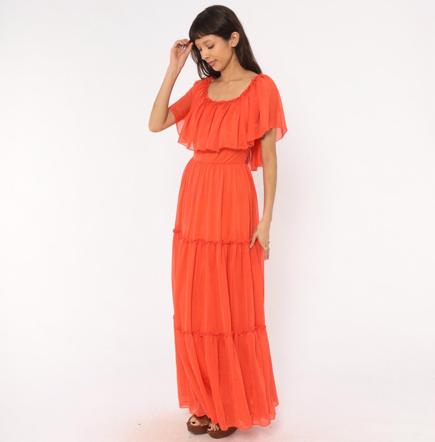 70s Coral Orange Maxi Dress Tiered Ruffle Cape Flutter Sleeve Small