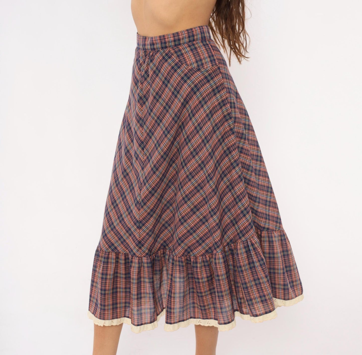 70s Judy Knapp Plaid A-Line Midi Skirt Red Navy Eyelet Lace Ruffle Small