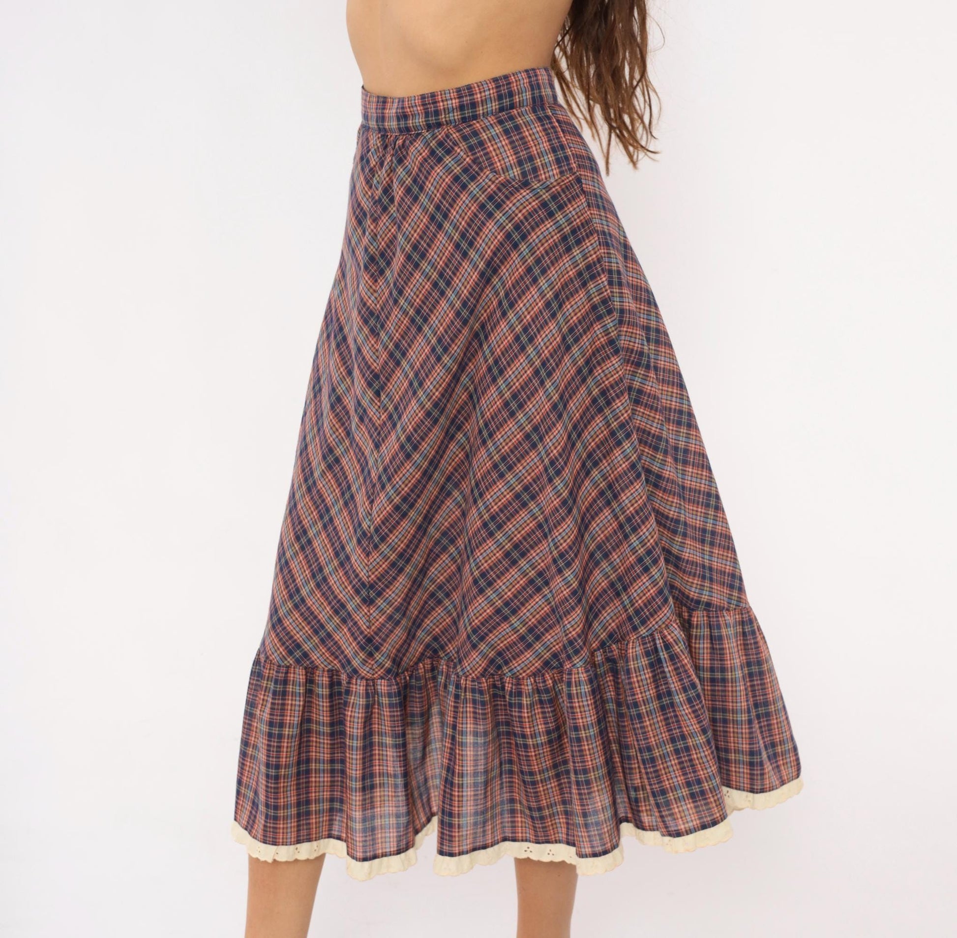 70s Judy Knapp Plaid A-Line Midi Skirt Red Navy Eyelet Lace Ruffle Small
