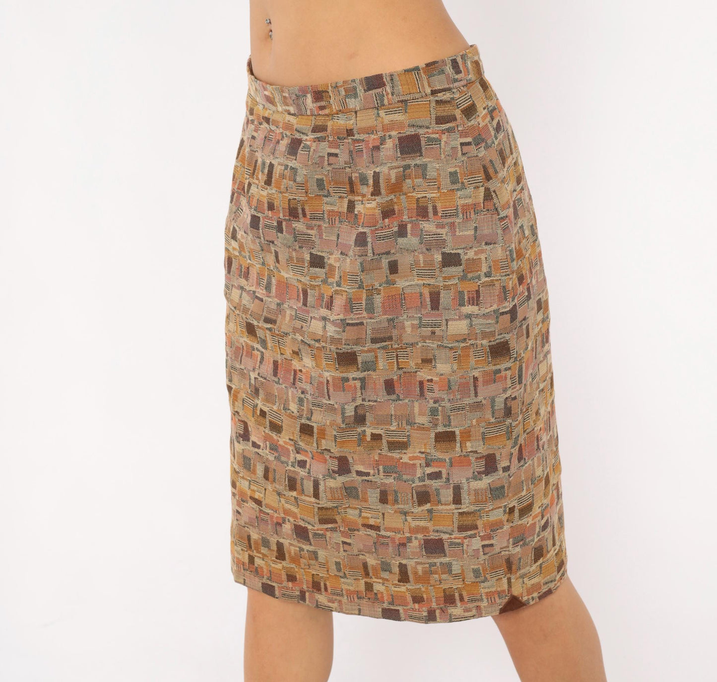 80s Geometric Patchwork Tapestry Pencil Skirt Tan Brown Rose Medium