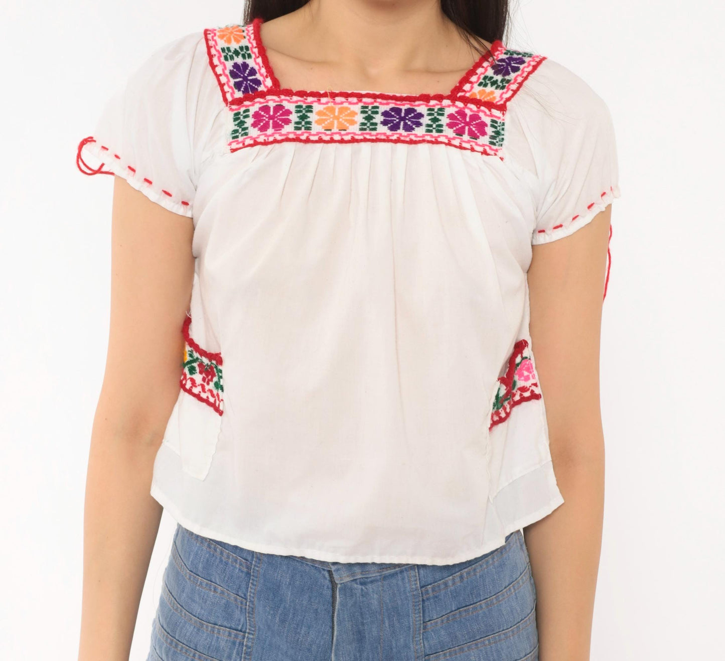80s Mexican Embroidered Cotton Peasant Blouse White Floral Square Neck Extra Small XS