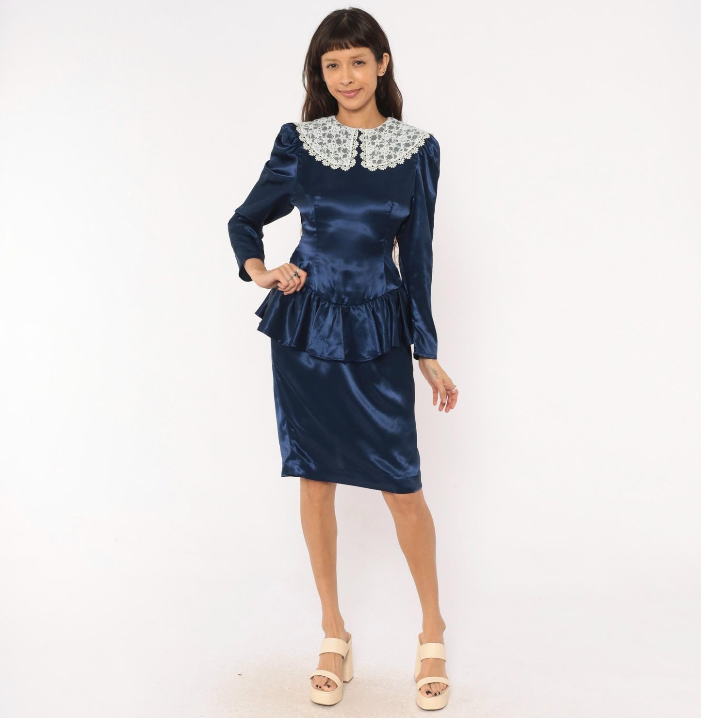 80s Navy Satin Peplum Dress Lace Collar Puff Shoulder Knee Length Small