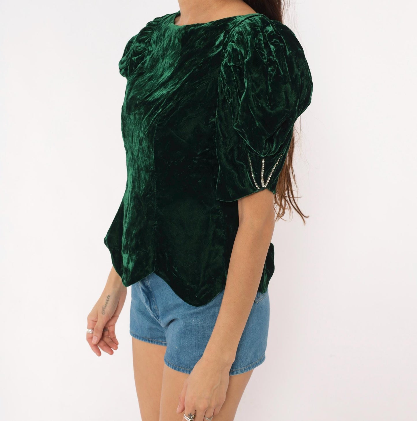 90s Emerald Crushed Velvet Puff Sleeve Blouse Forest Green Rhinestone Bow Back Small S