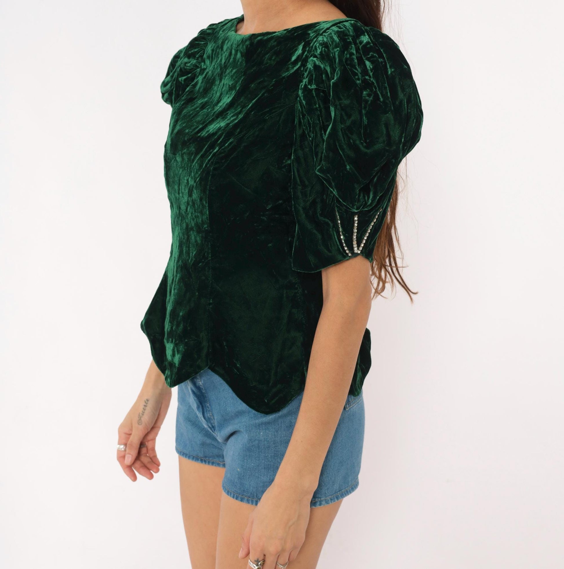 90s Emerald Crushed Velvet Puff Sleeve Blouse Forest Green Rhinestone Bow Back Small S