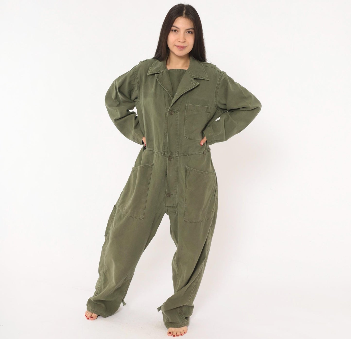 80s Army Olive Cotton Coveralls Button Front Jumpsuit Medium M