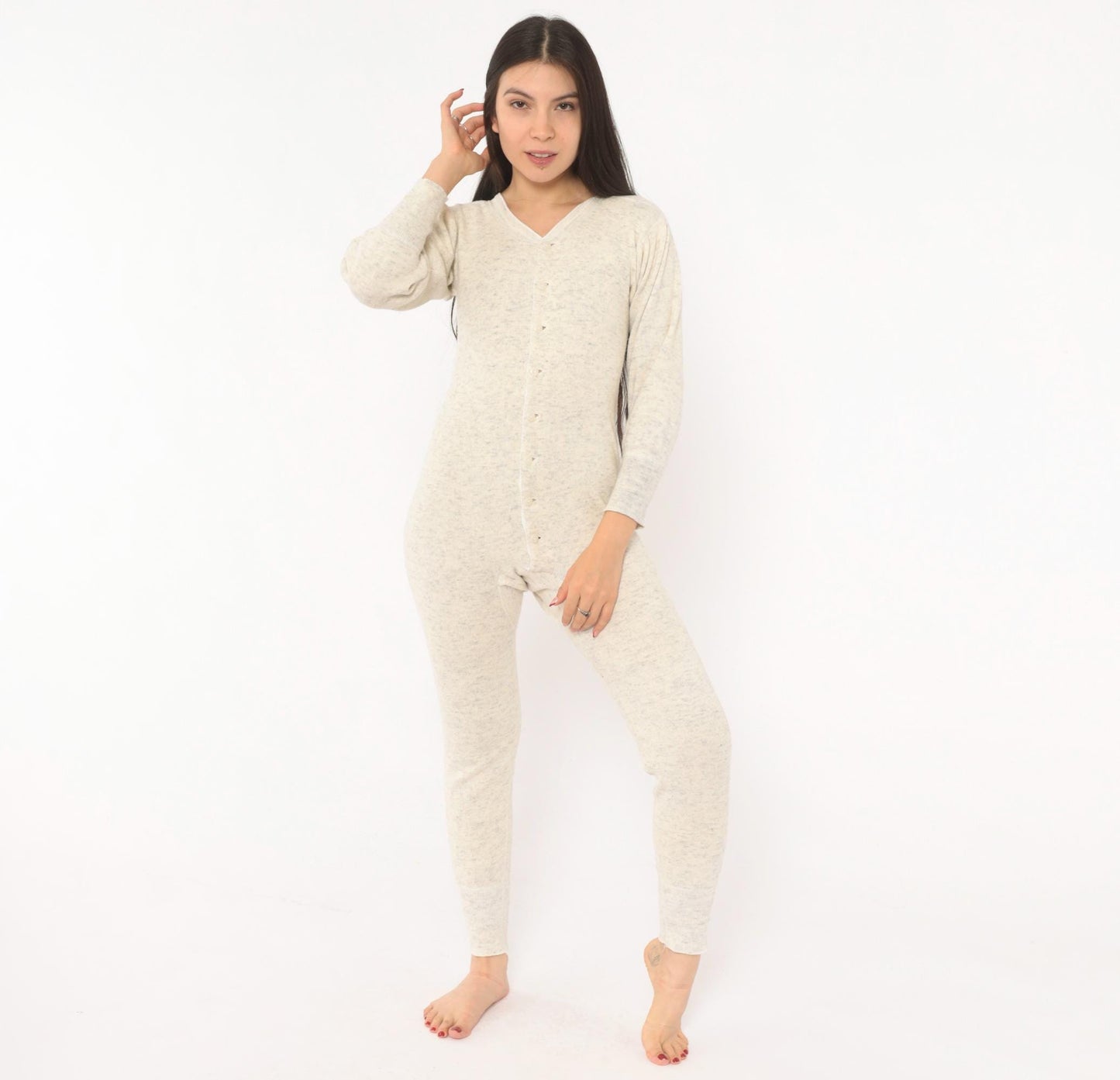 1950s JCPenney Union Suit Oatmeal Heathered Wool Cotton V-Neck Long Johns Extra Small XS