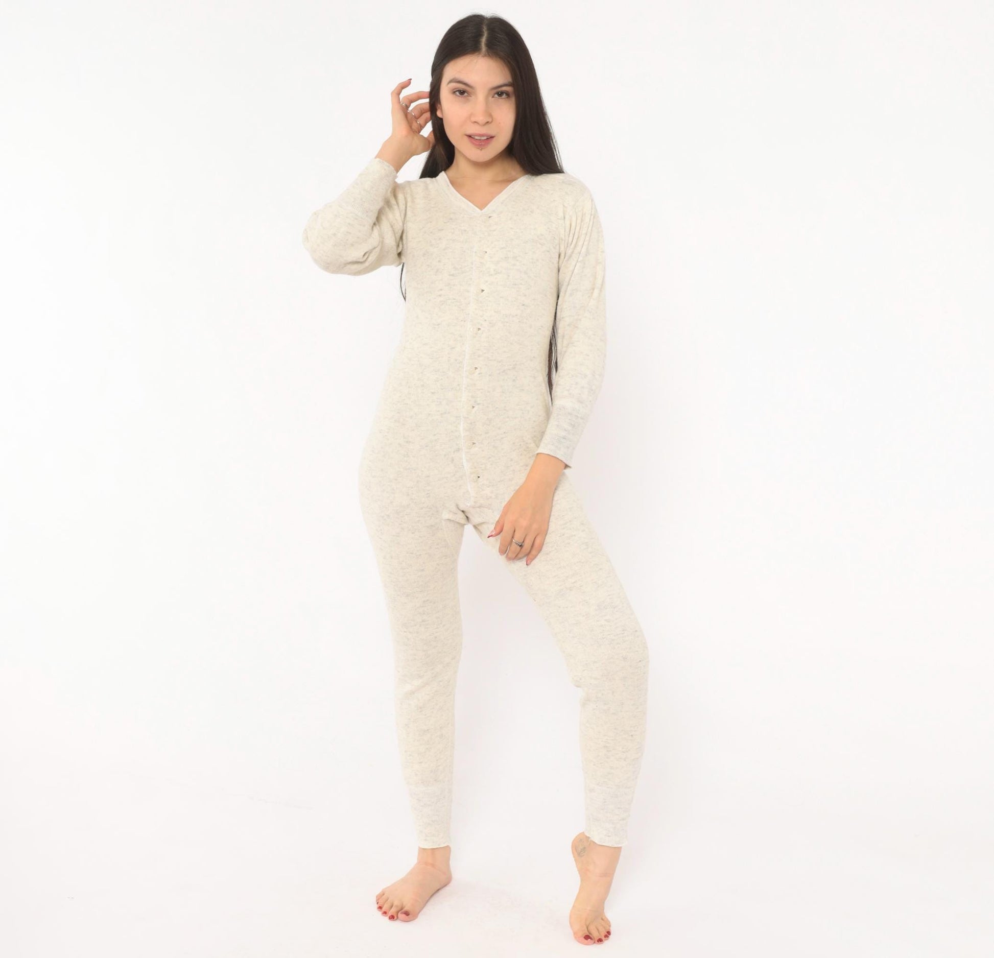 1950s JCPenney Union Suit Oatmeal Heathered Wool Cotton V-Neck Long Johns Extra Small XS
