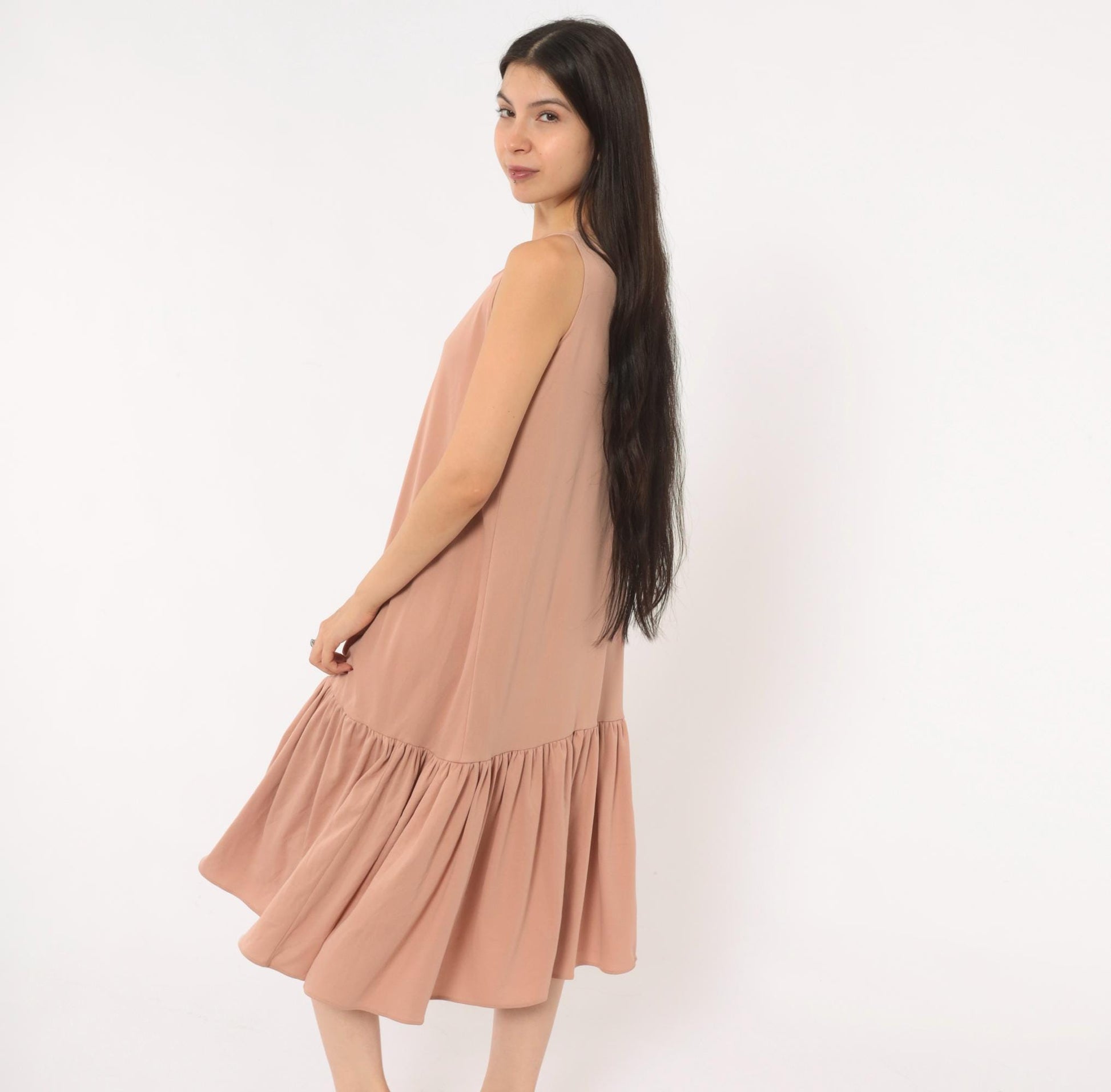 70s Dusty Rose Drop Waist Midi Dress Sleeveless Scoop Neck Tank Medium