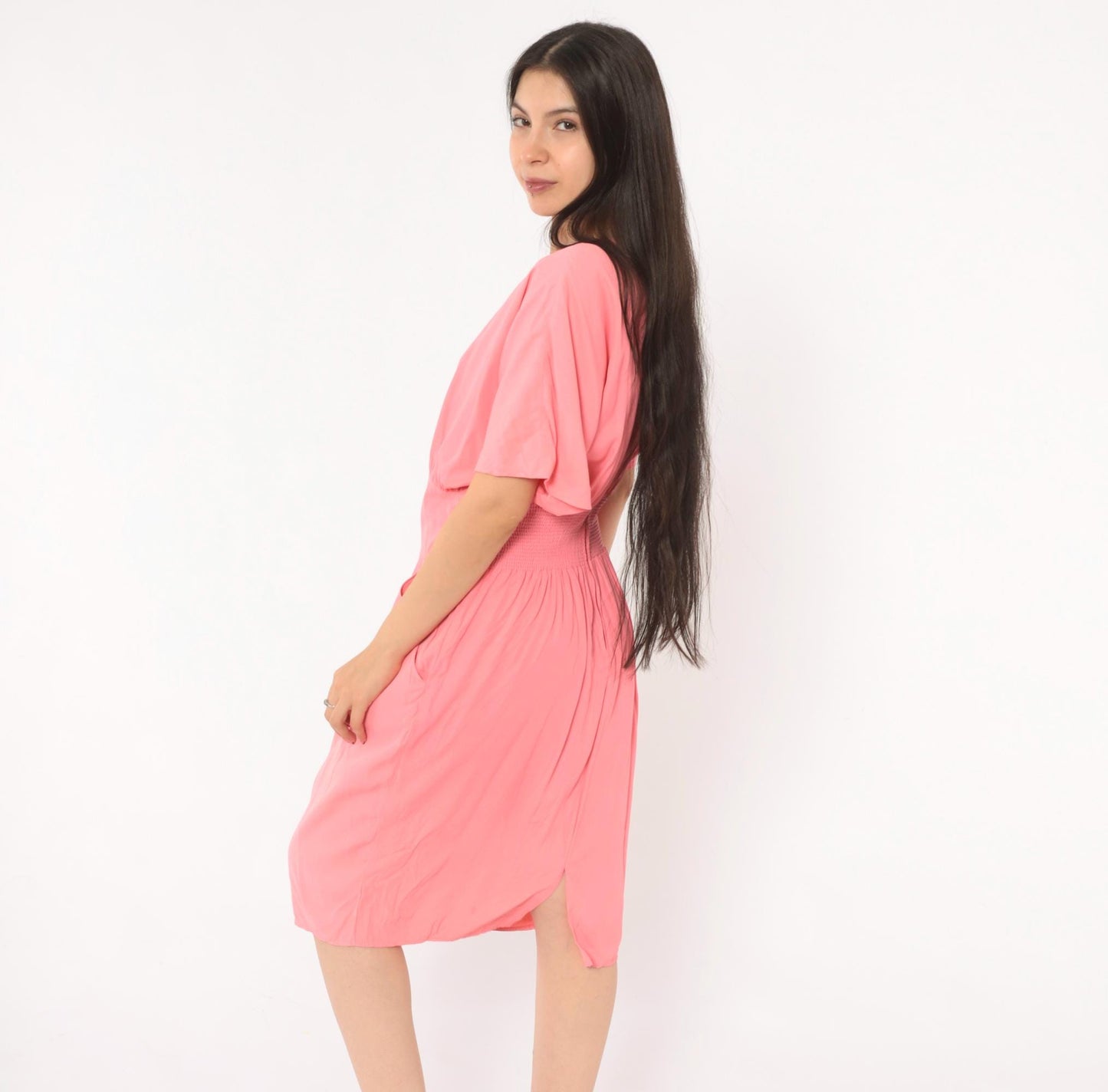 90s Carol Anderson Coral Pink Blouson Dress Smocked Waist Knee Length Large L