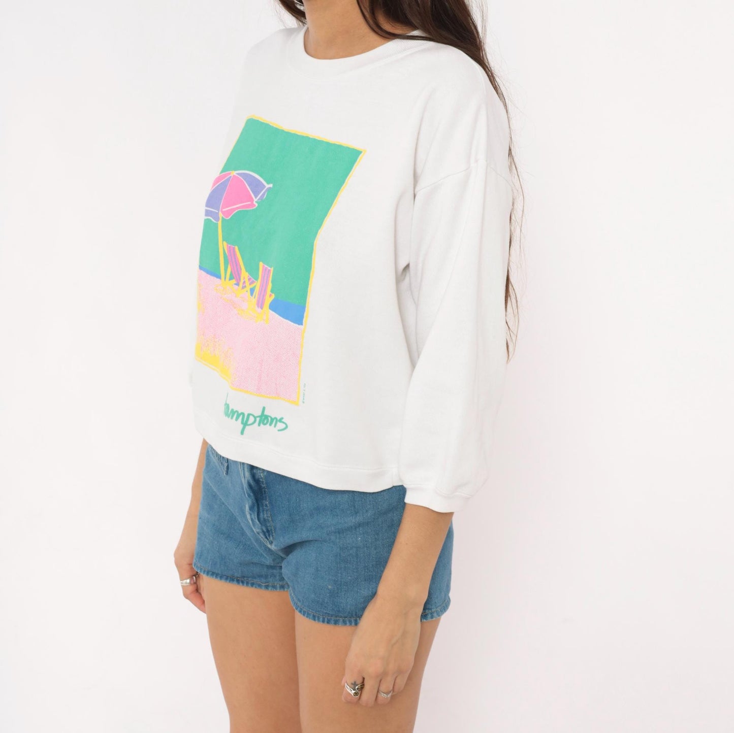 90s Anvil Hamptons Beach Sweatshirt White Pastel Graphic Cropped Medium M