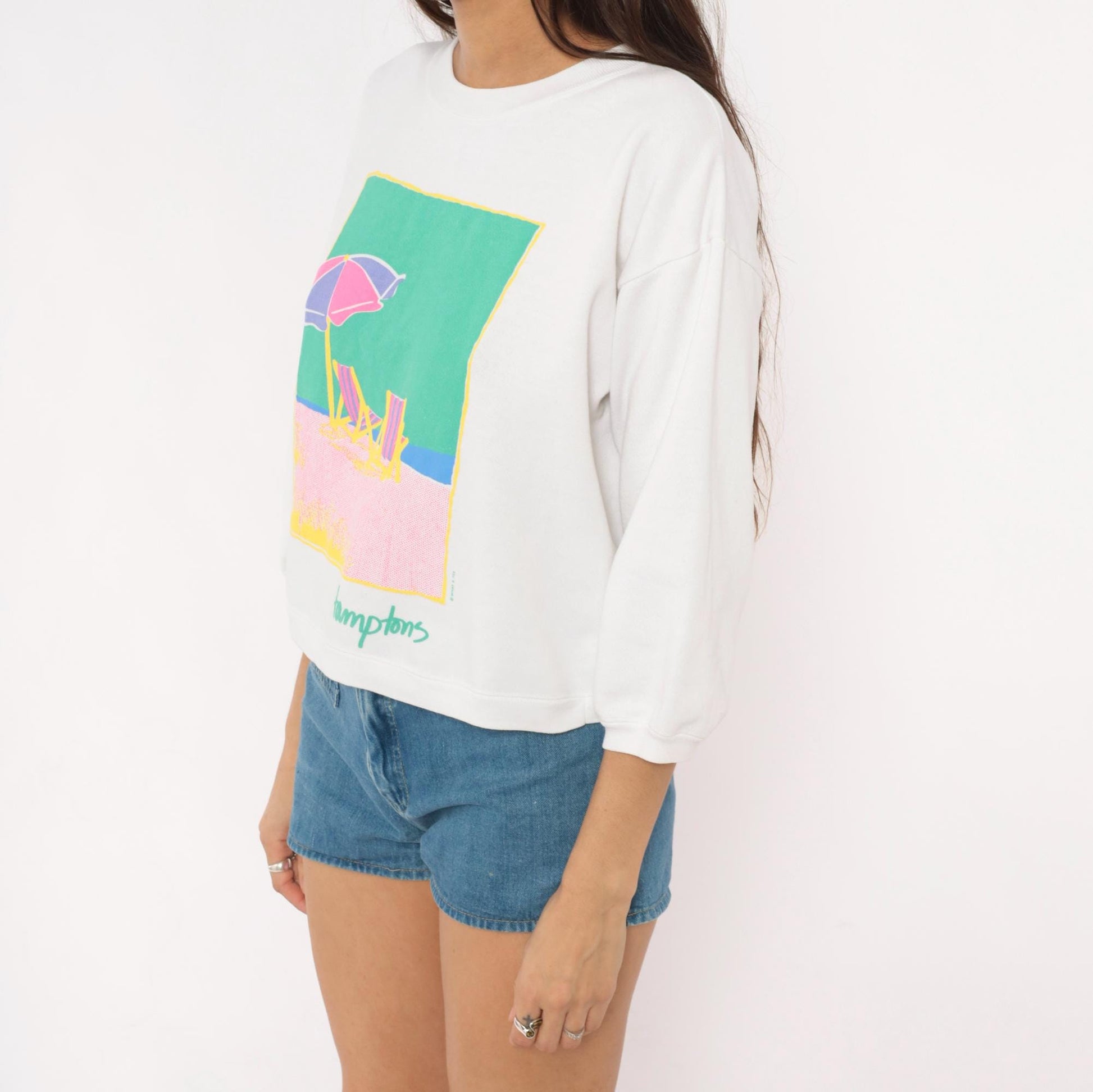 90s Anvil Hamptons Beach Sweatshirt White Pastel Graphic Cropped Medium M