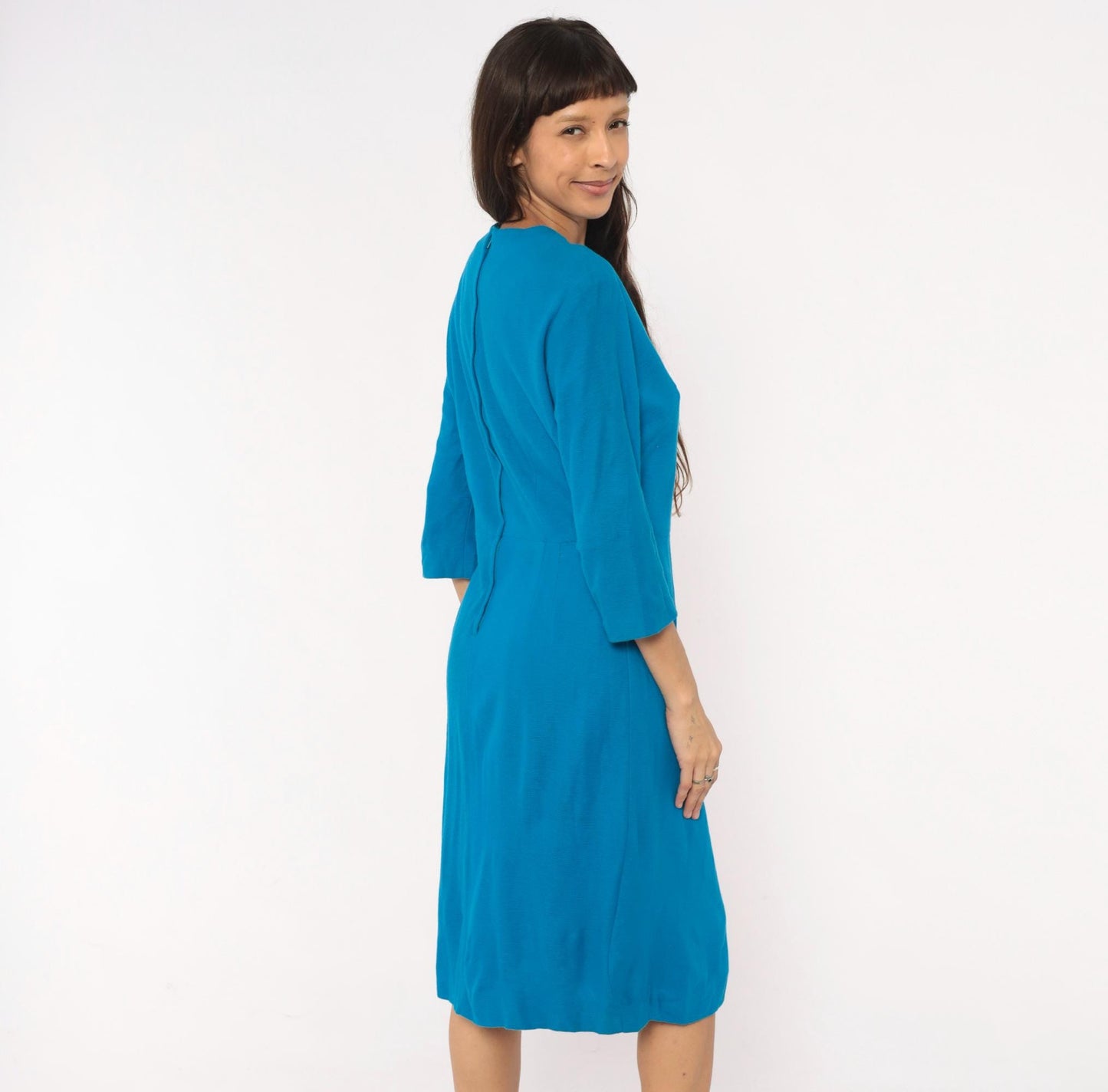 60s Cerulean Blue Sheath Dress Three Quarter Sleeve Chevron Mod Medium M