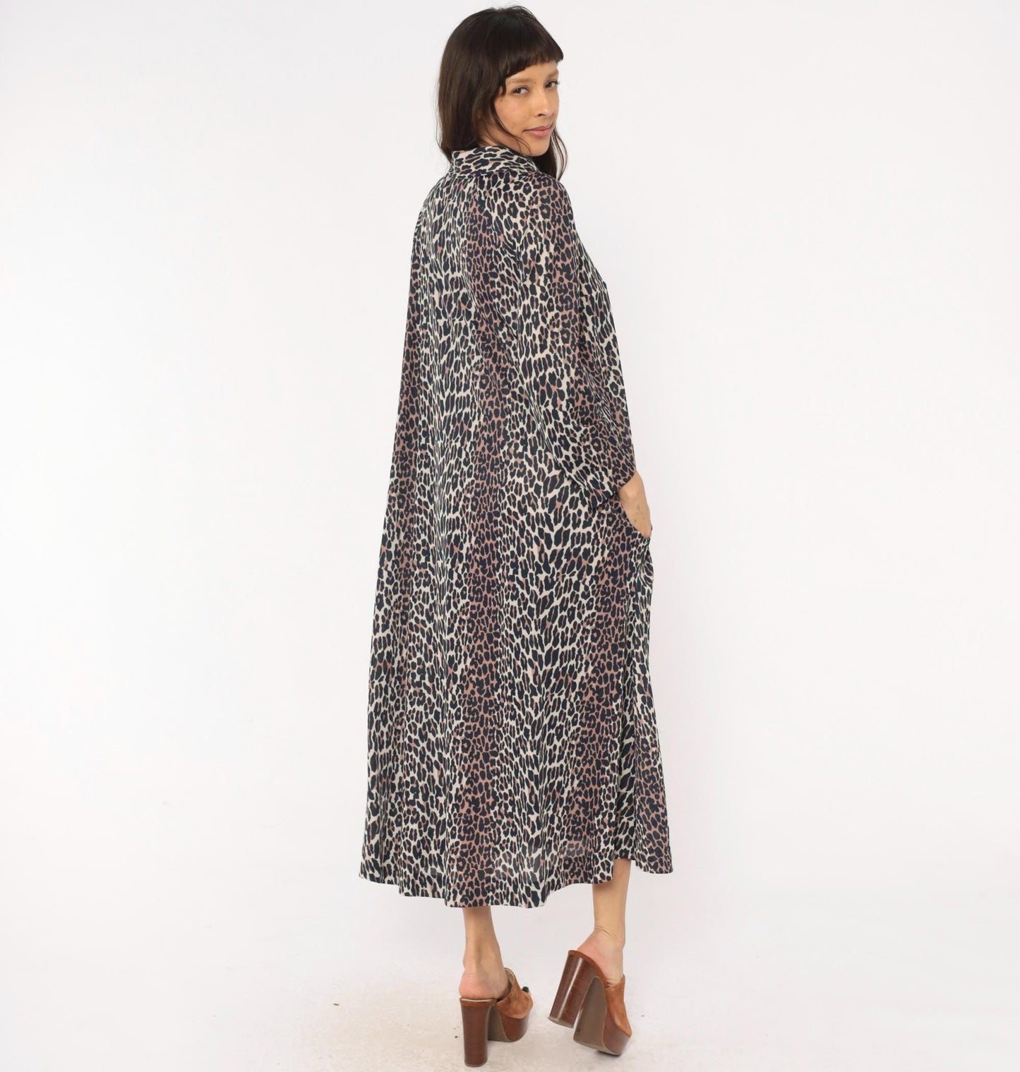 70s Leopard Print Maxi Dress Zip Front Collared A-Line Cream Brown Medium Large