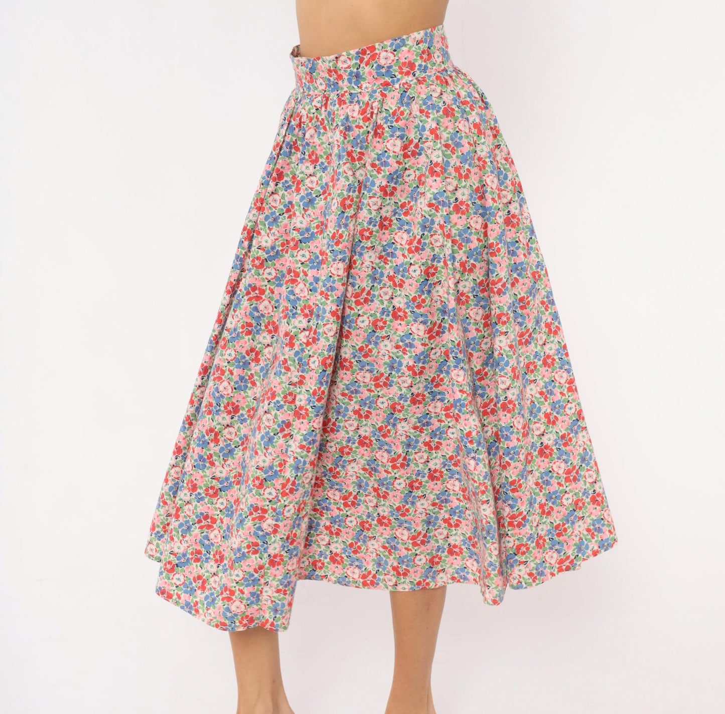 80s Floral Midi Skirt Pink Blue Calico Print High-Rise Pleated Small