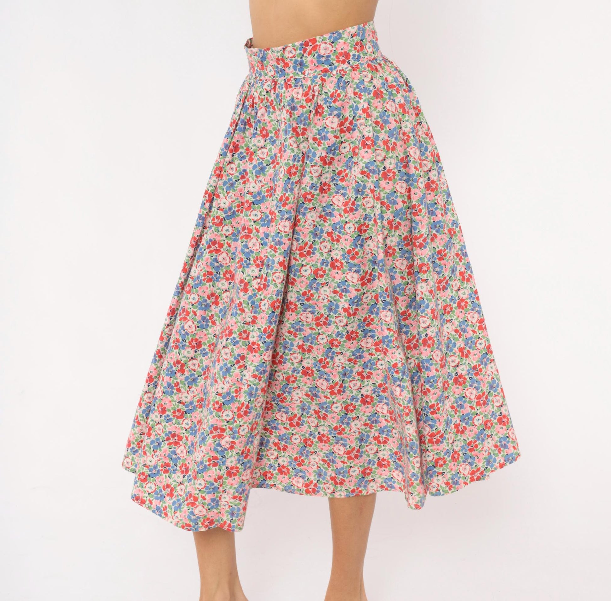 80s Floral Midi Skirt Pink Blue Calico Print High-Rise Pleated Small