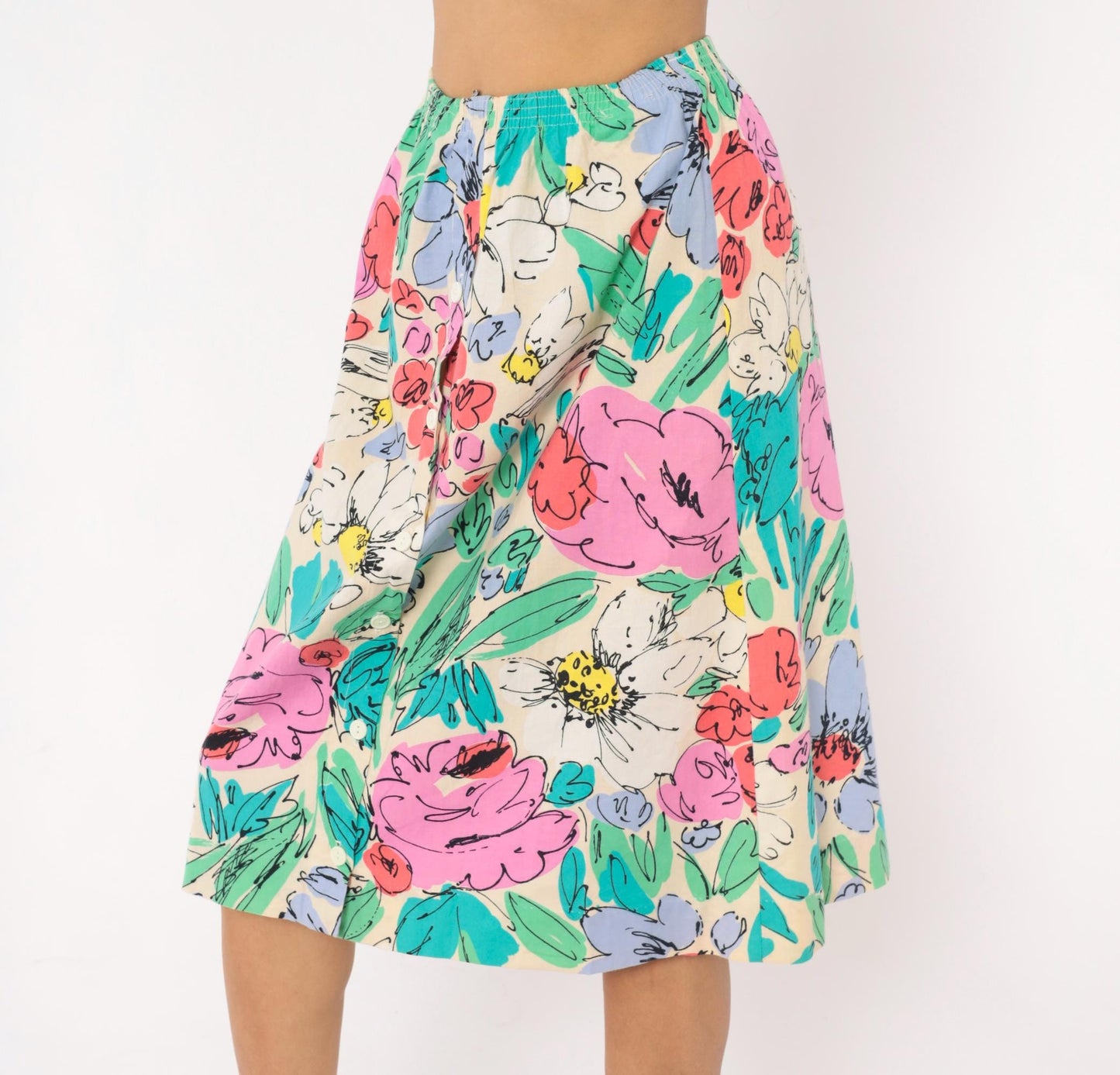 90s Floral Button Front Midi Skirt Cream Watercolor Cotton Small