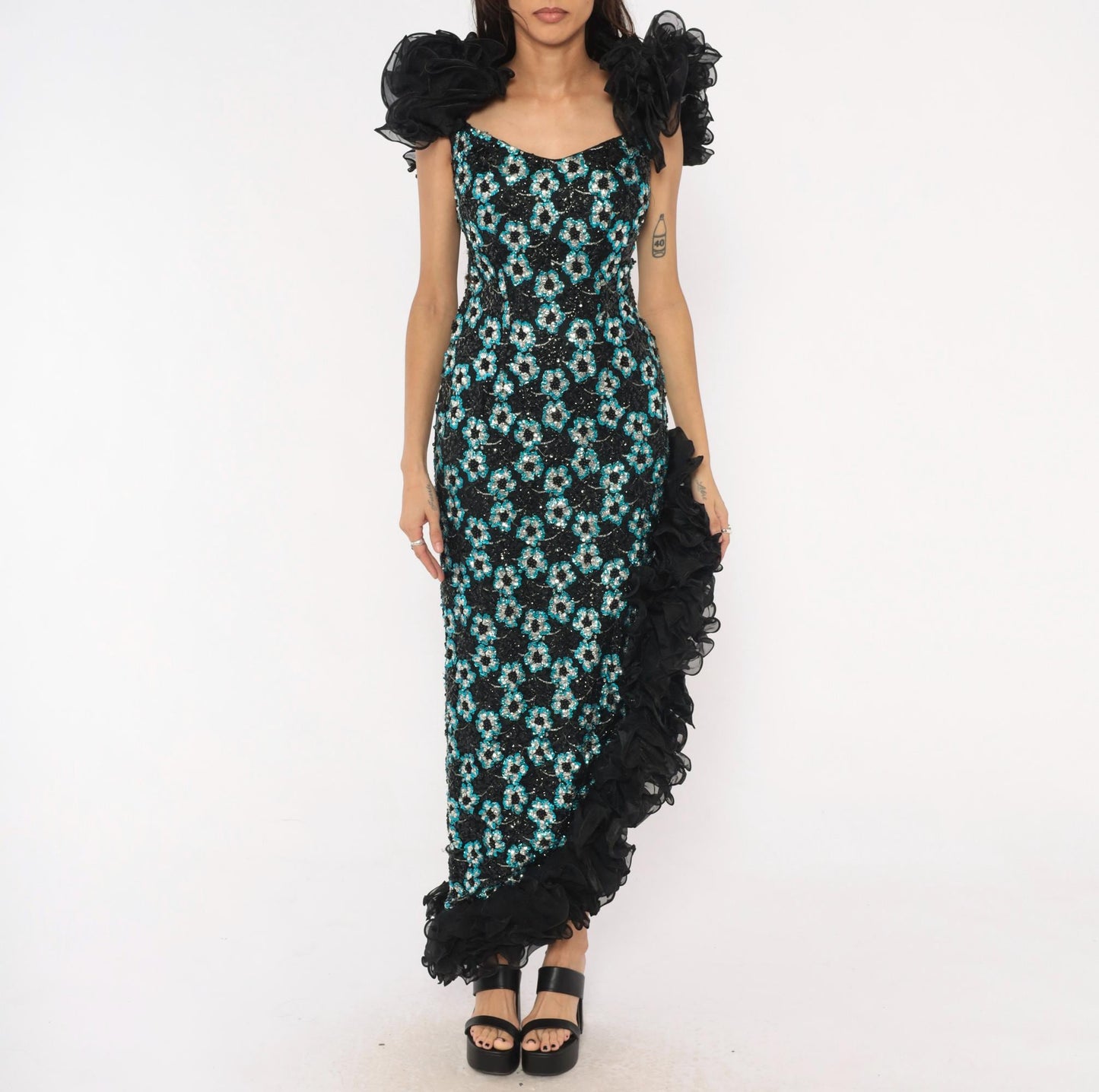 80s Alyce Designs Black Sequin Maxi Gown Teal Silver Floral Small
