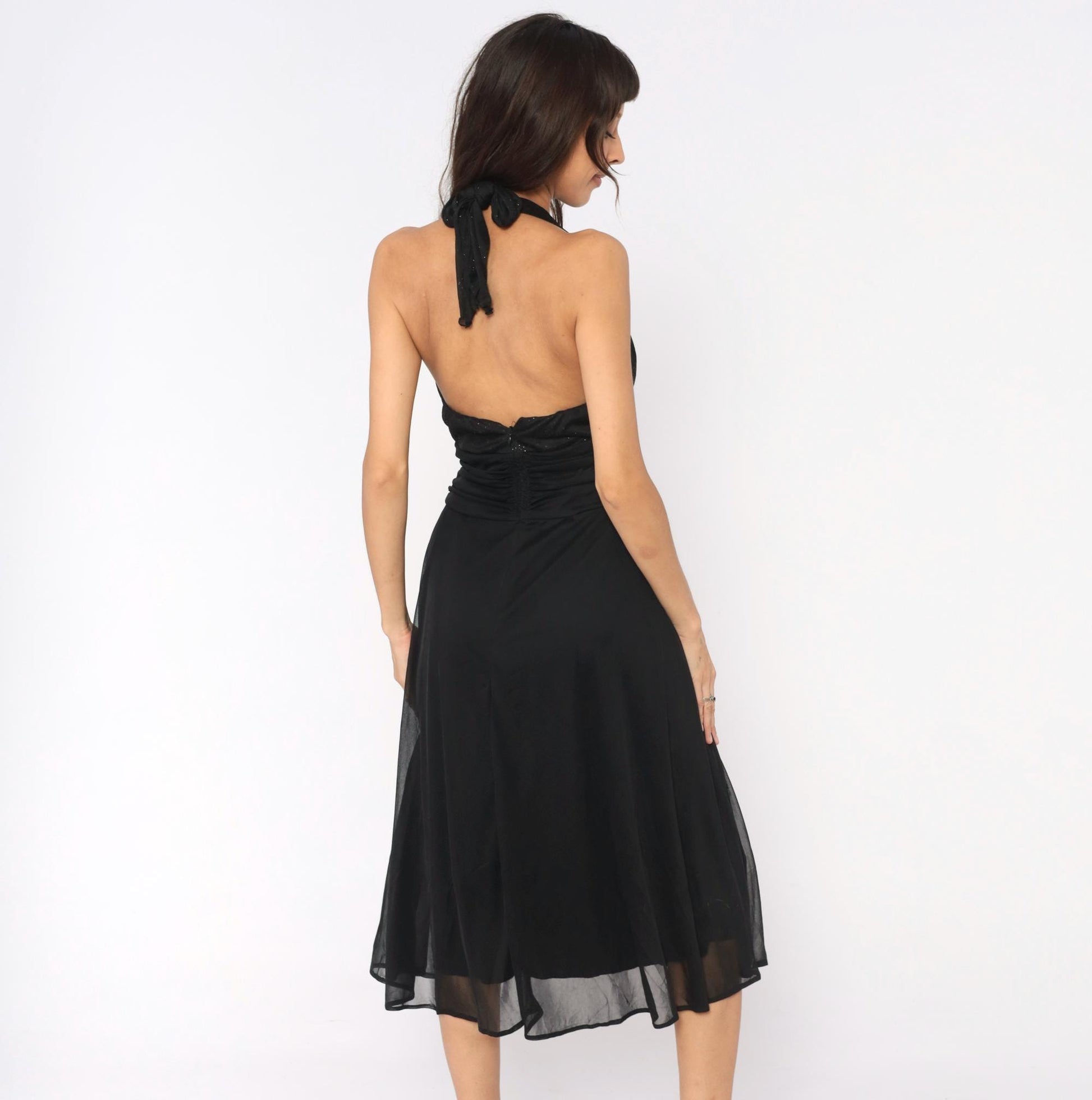 90s Black Halter Midi Dress Deep V Glitter Mesh Open Back Medium