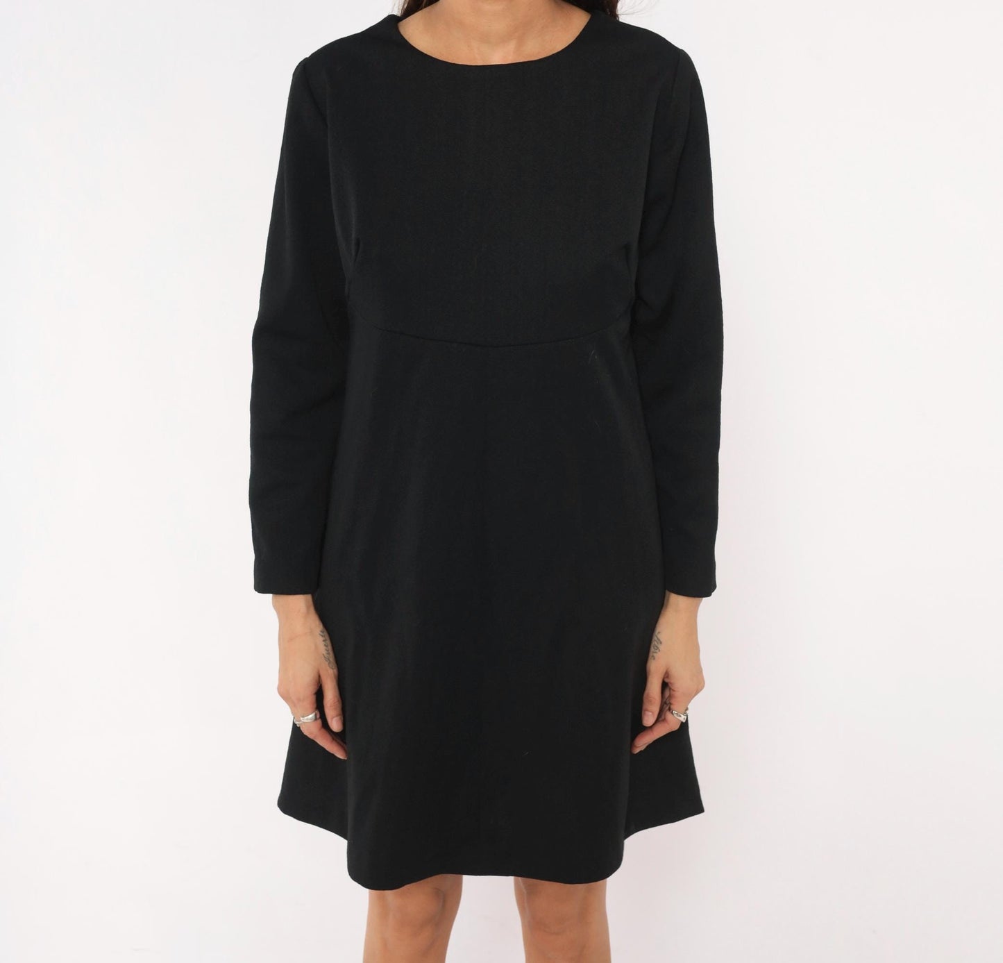 70s Black A-Line Dress Empire Waist Long Sleeve Round Neck Zip Back Large L