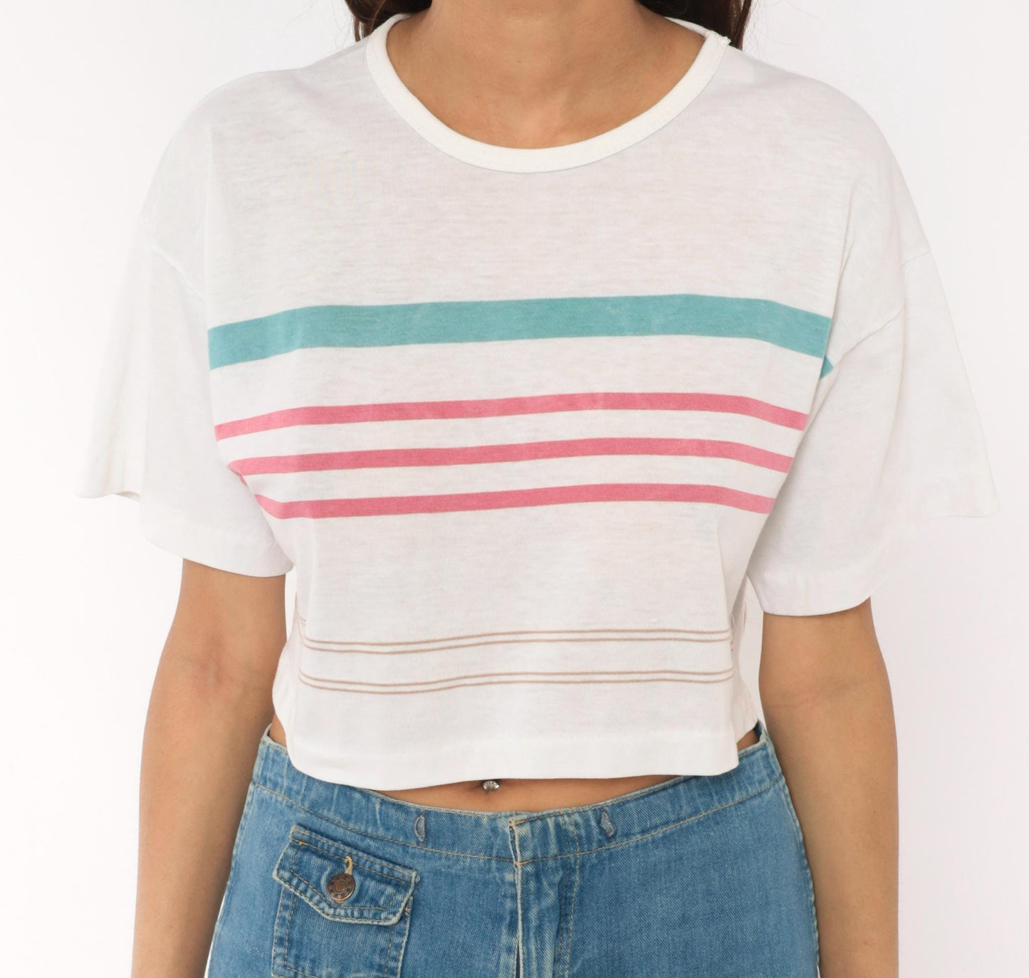 90s Striped Crop Top White Teal Pink Cotton Boxy Tee Small S
