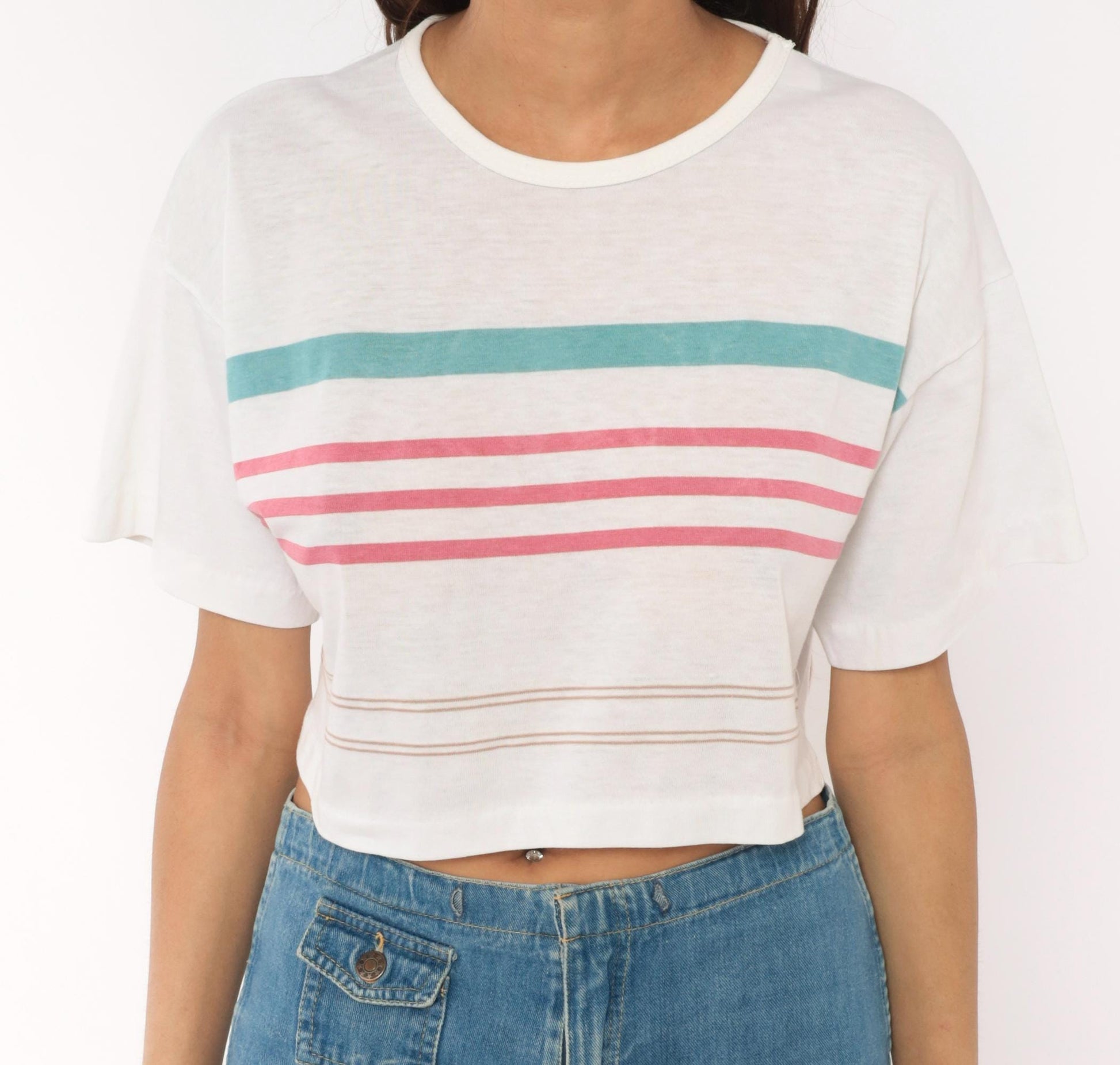 90s Striped Crop Top White Teal Pink Cotton Boxy Tee Small S