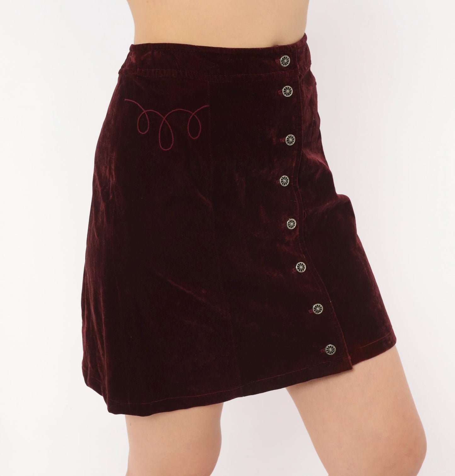 90s Burgundy Velvet Mini Skirt Silver Snap Button Front Embroidered Small