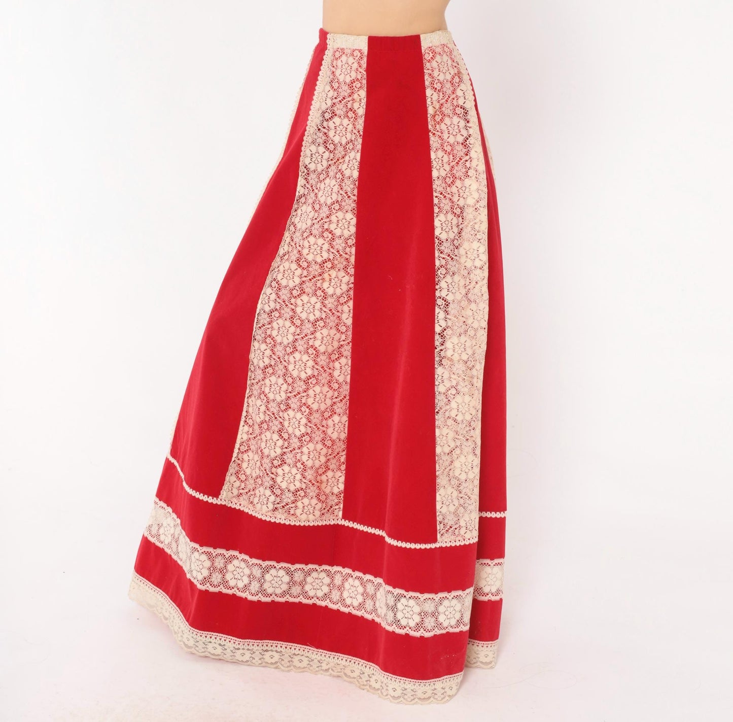 70s Red Velvet Maxi Skirt Cream Lace Panel A-Line Large L