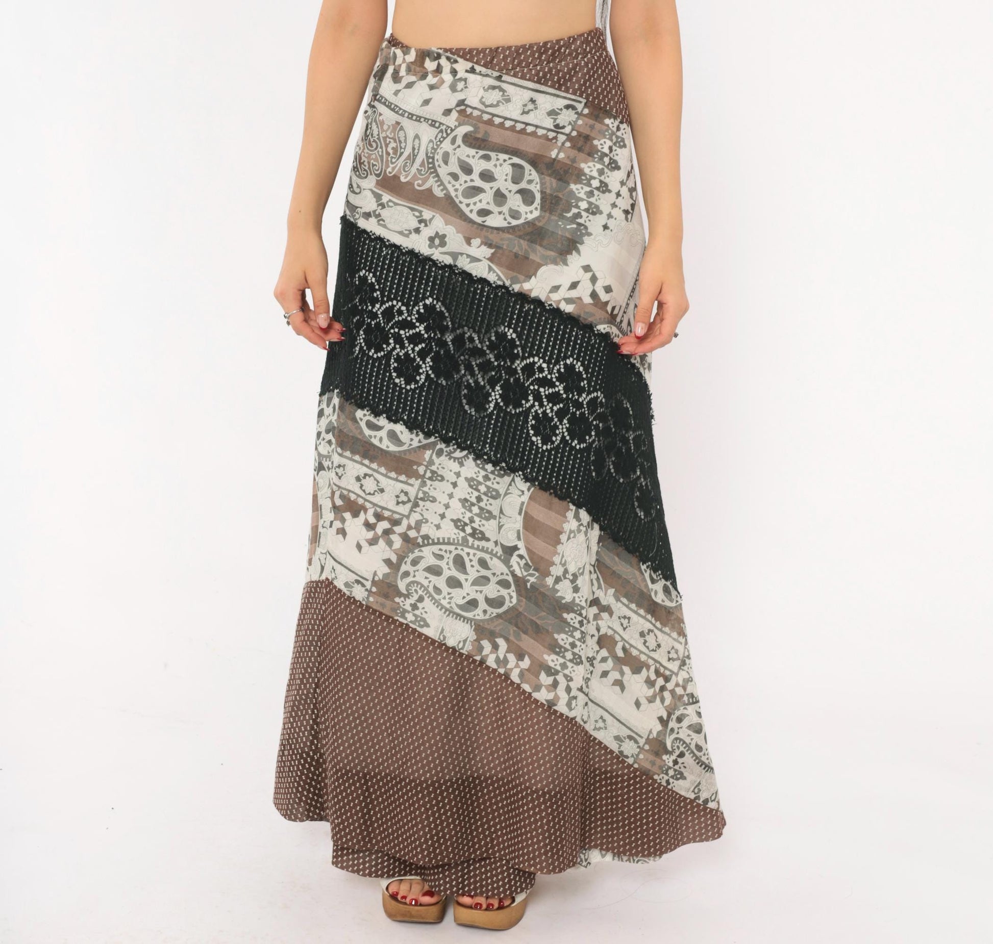 70s Chessa Davis Patchwork Maxi Wrap Skirt Brown Black Paisley Crochet Lace Large L