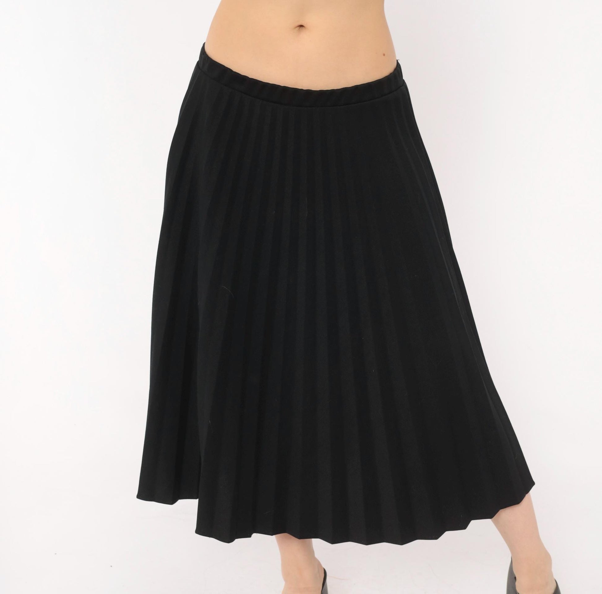 70s Sarah K Black Pleated Midi Skirt Accordion Knife Pleat Elastic Waist Medium Large
