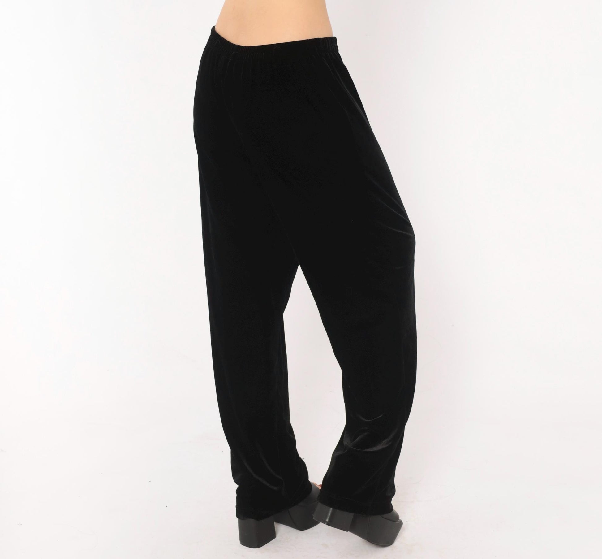 90s Black Velvet Pants Straight Leg Sheri Martin Elastic Waist Medium