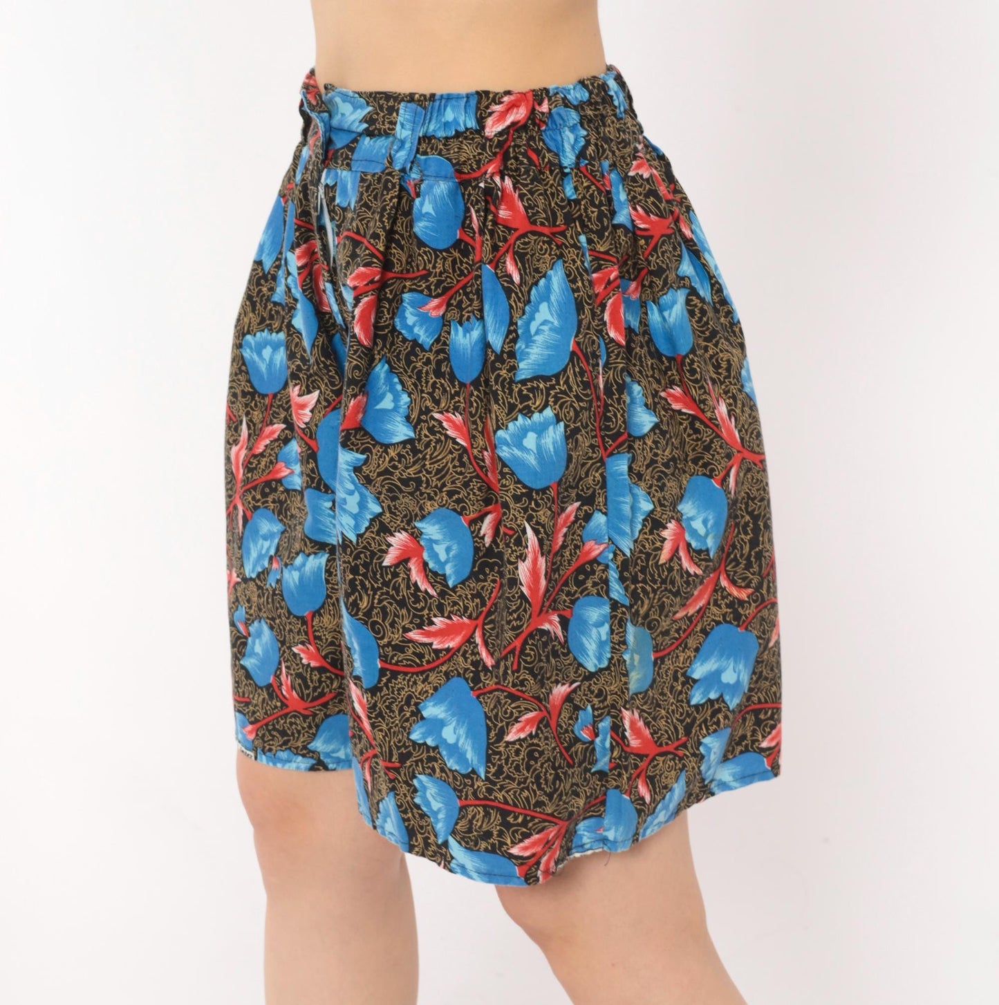 90s Blue Tulip Floral High-Waist Shorts Cotton Pleated Small Medium