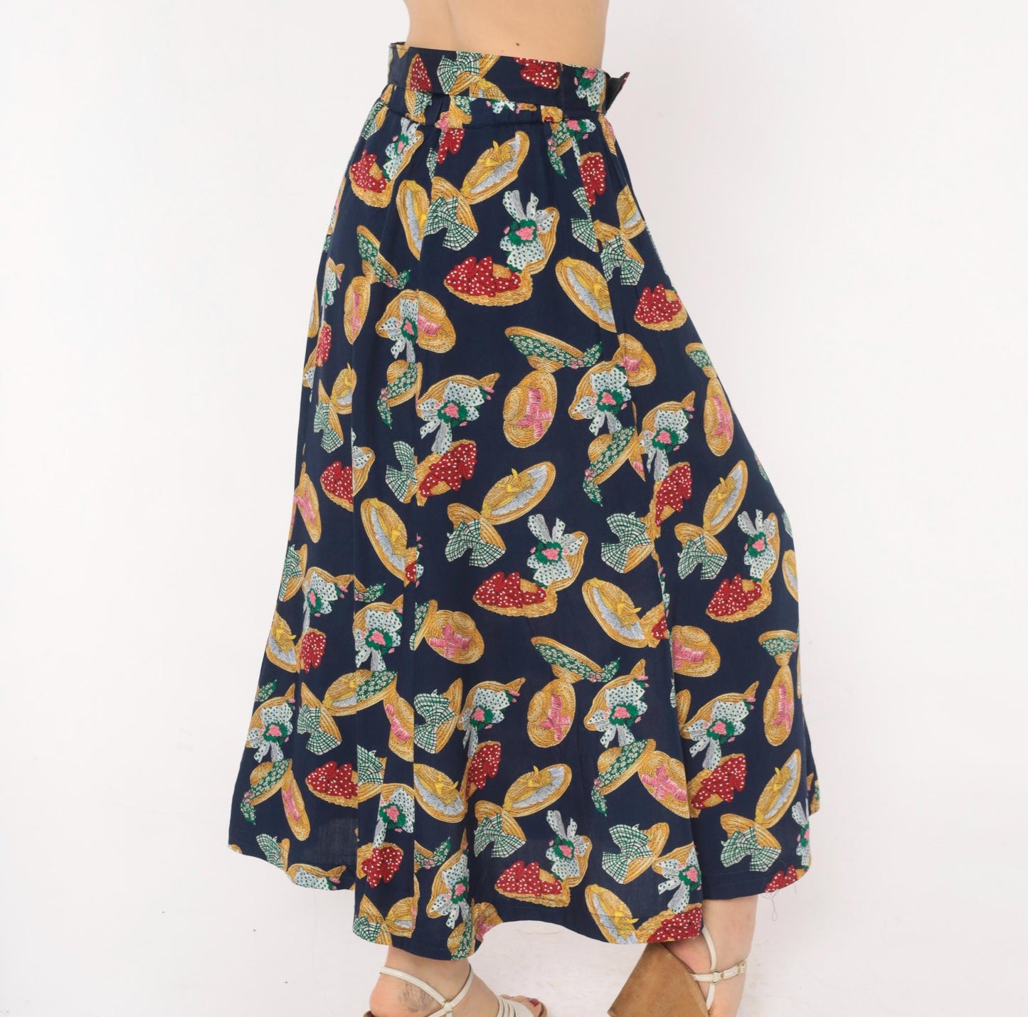 90s Susan Bristol Midi Skirt Straw Hat Print Navy Yellow Green Medium M