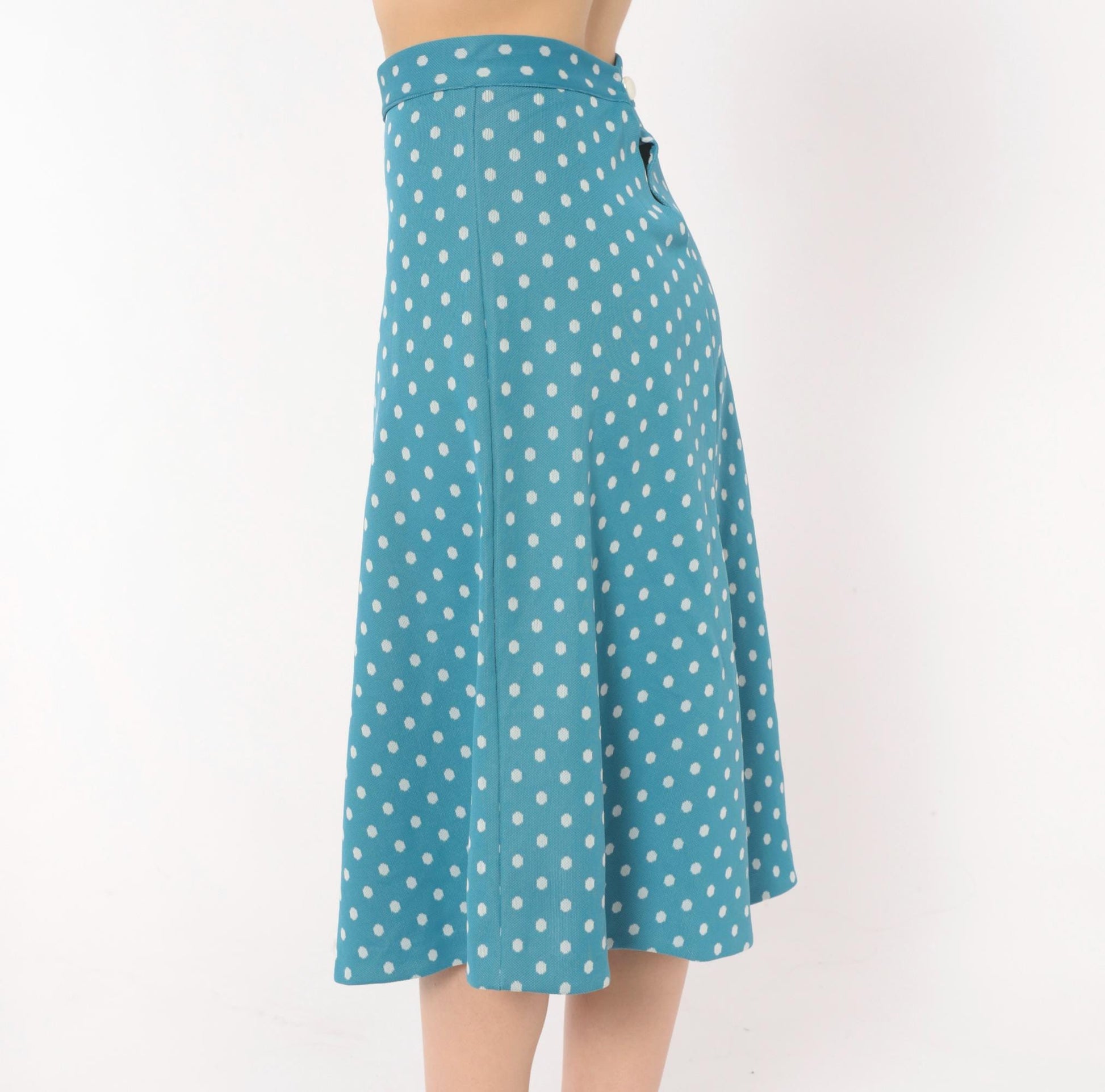 70s Teal Polka Dot A-Line Skirt White Spots Button Back Knee-Length Extra Small