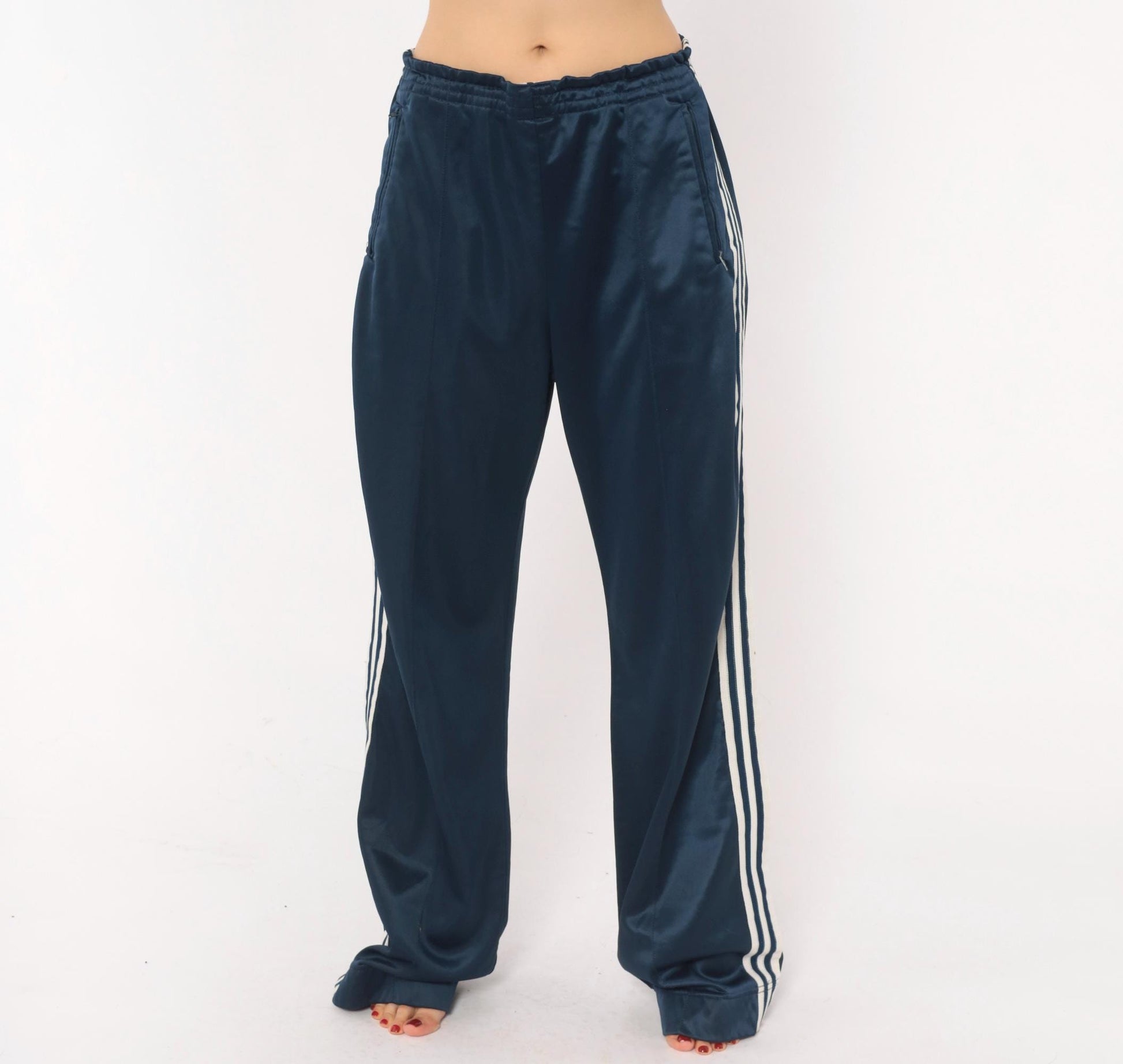 80s Adidas Navy Track Pants White Three Stripe Straight Leg Large L