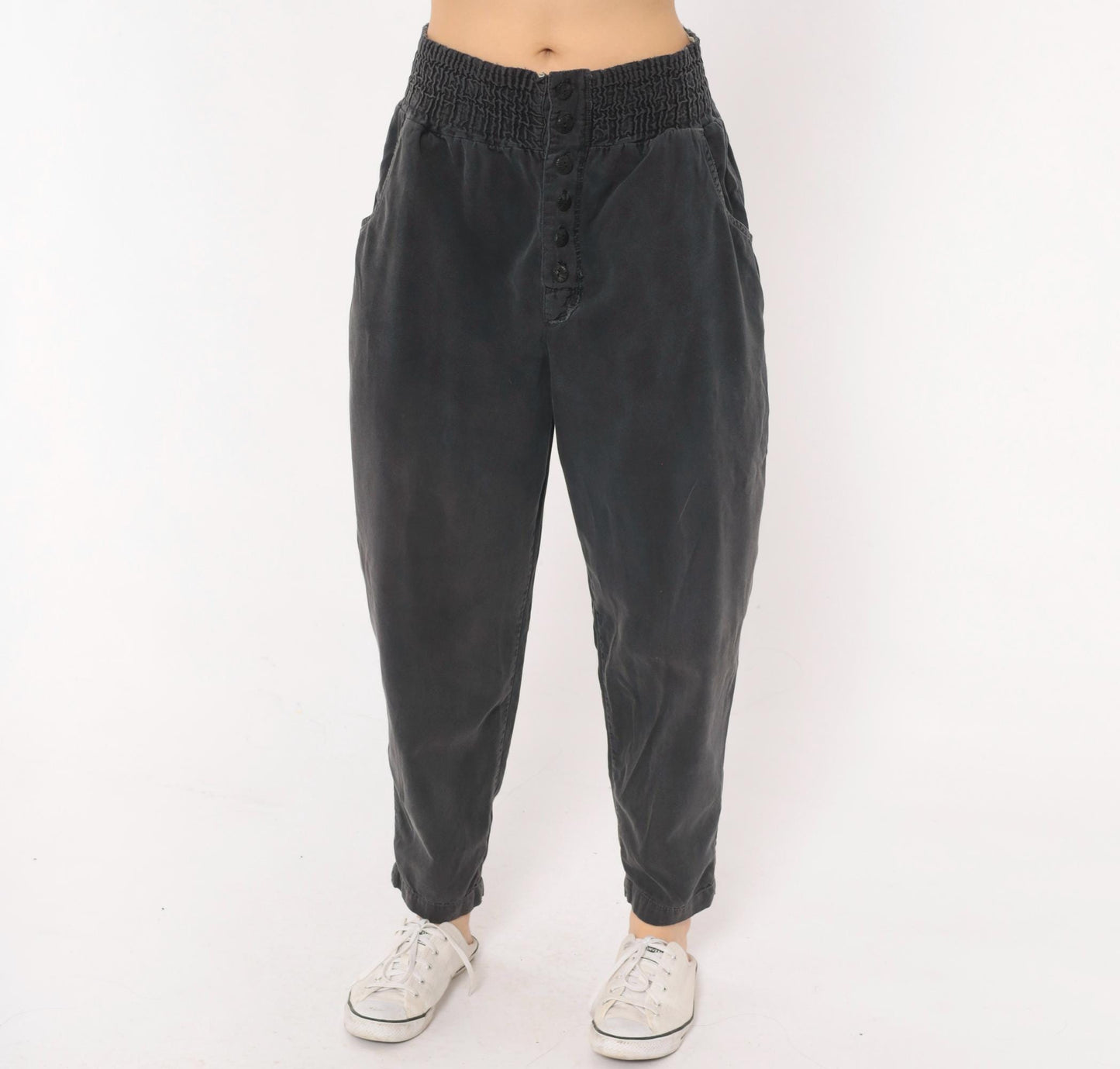 90s Smocked Waist Tapered Trouser Grey Cotton High Rise Button Fly Medium M