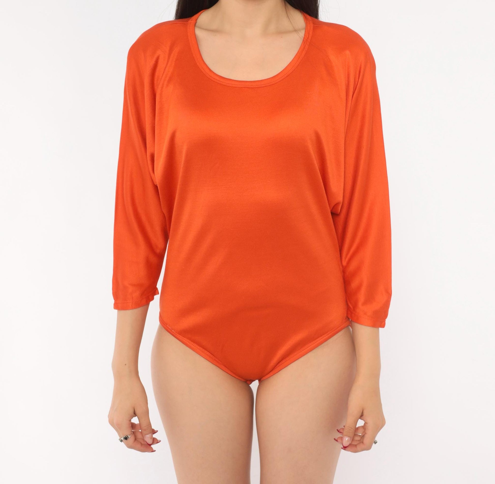 90s Ellen Tracy Silk Bodysuit Orange Dolman Sleeve Mock Neck Medium M