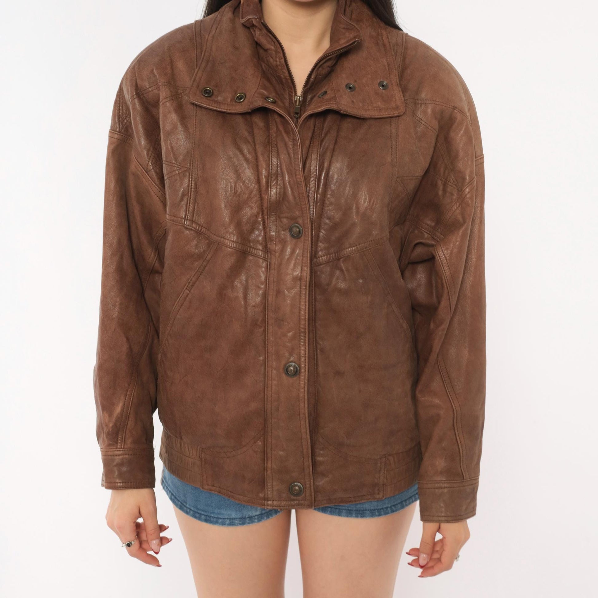 80s Adventure Bound Brown Leather Moto Jacket Snap Collar Small S