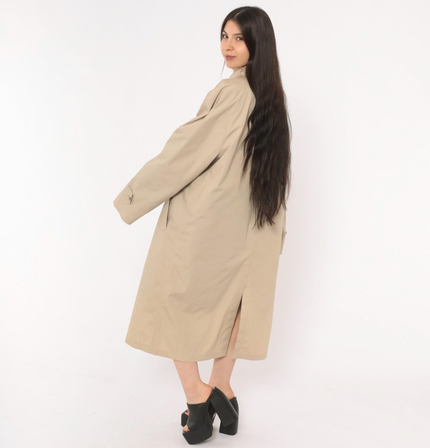 80s London Fog Trench Coat Beige Long Spread Collar Single Button Large