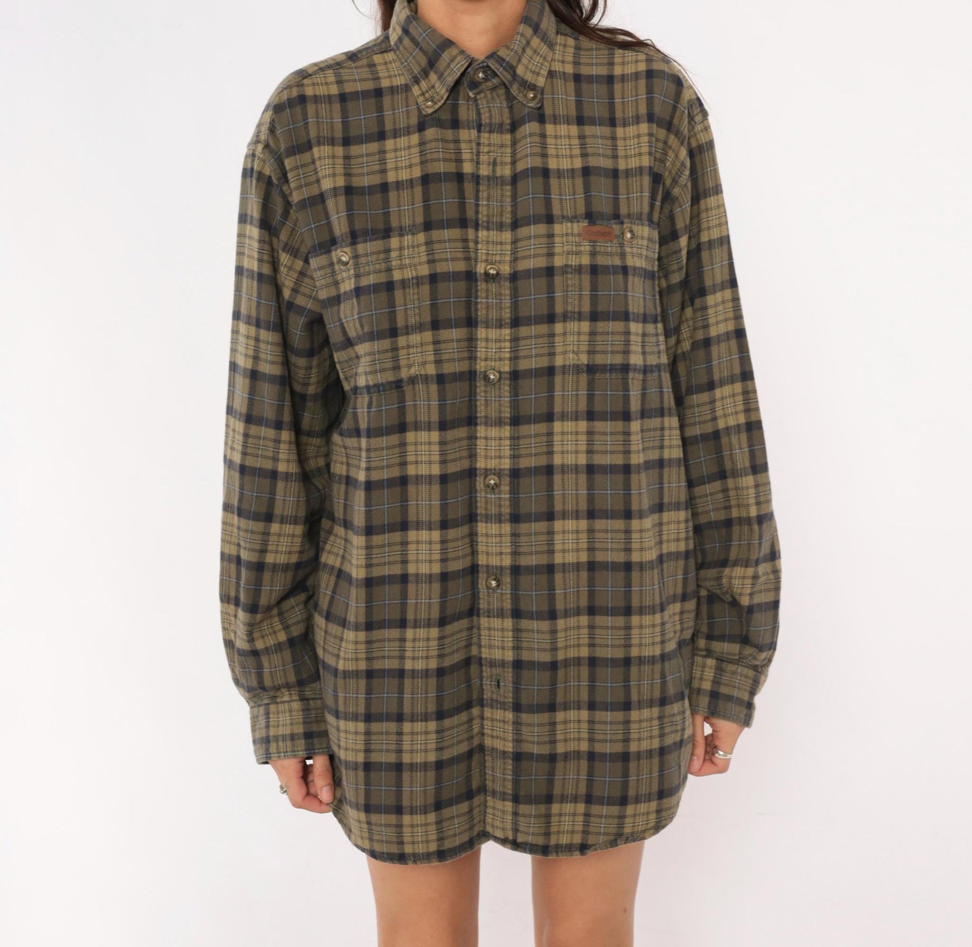 2000s Carhartt Plaid Flannel Shirt Tan Navy Button Down Medium