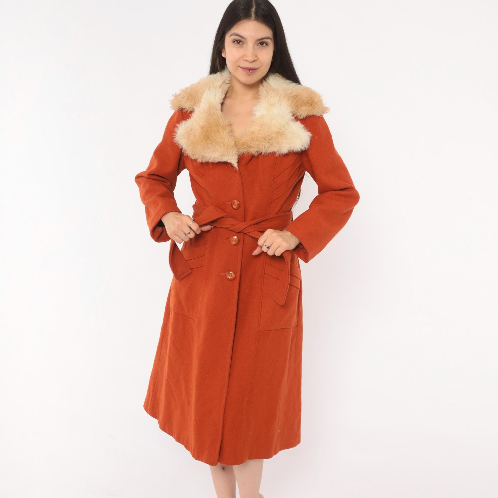 70s Burnt Orange Wool Coat Faux Fur Collar Belted Knee-Length Small