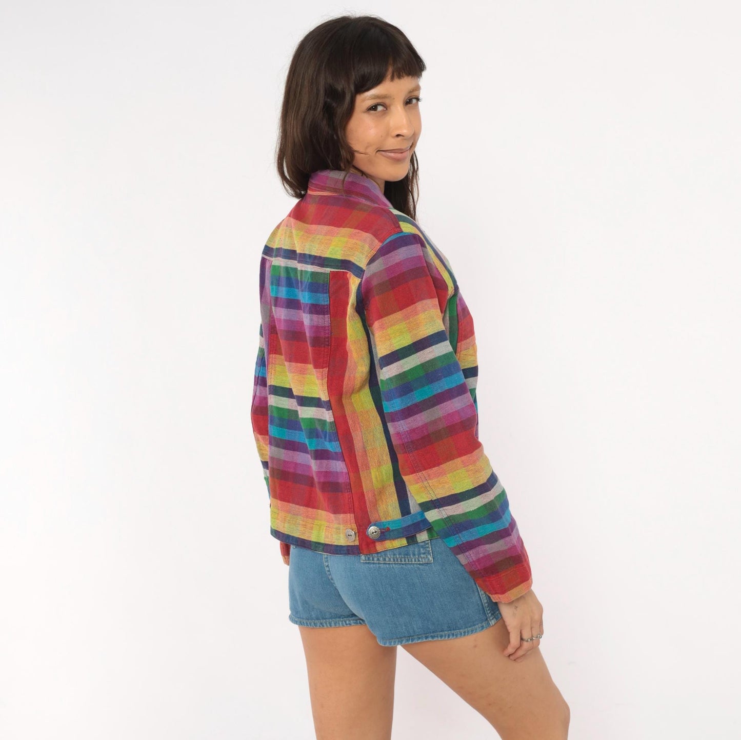 Y2K Chico's Design Rainbow Plaid Cropped Jacket Cotton Small S