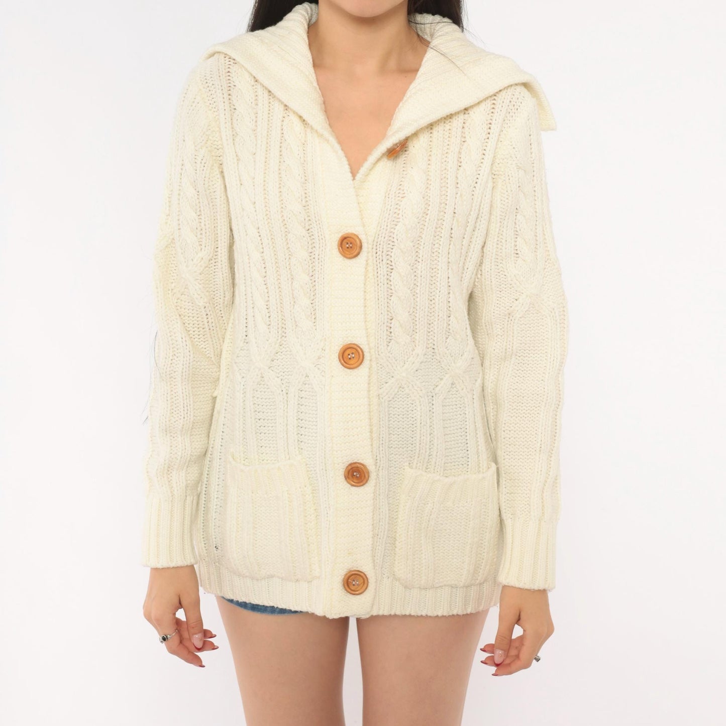 70s Exclusive Imports Cable Knit Cardigan Cream Fold-Over Collar Large L