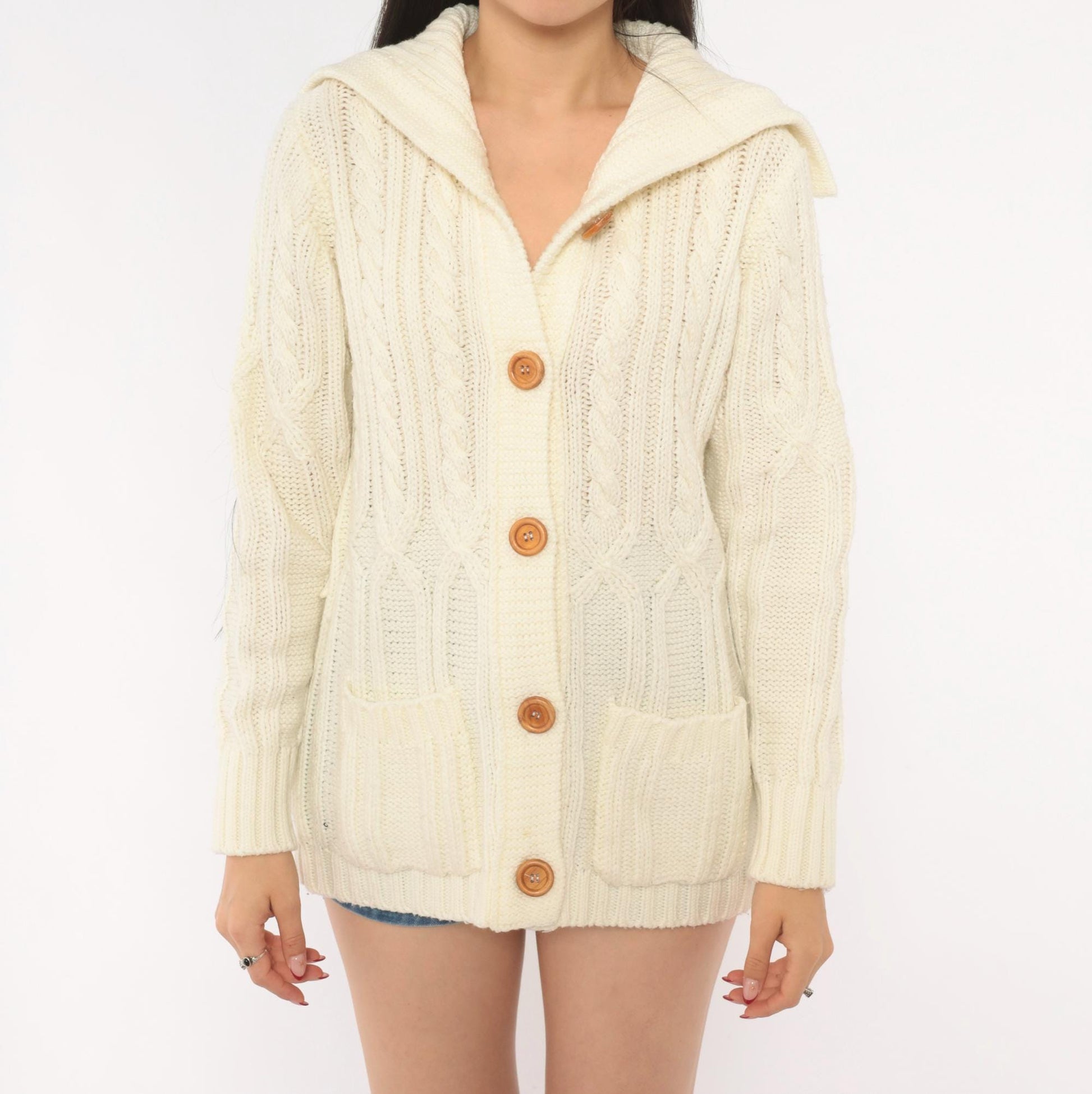 70s Exclusive Imports Cable Knit Cardigan Cream Fold-Over Collar Large L