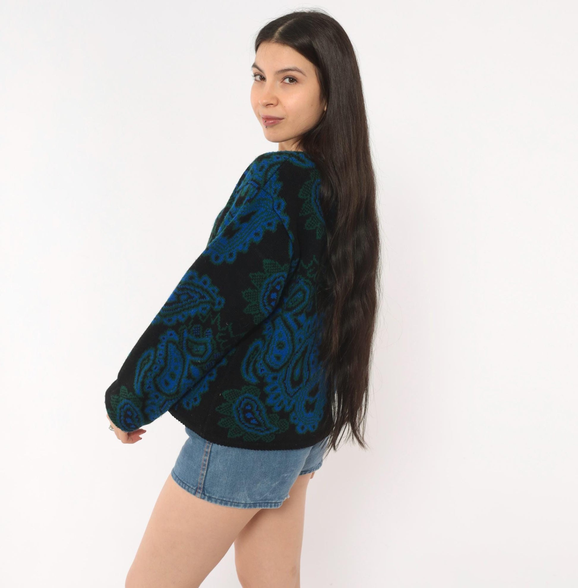 70s Tally-Ho Paisley Jacquard Cardigan Blue Green Black Button Front Large